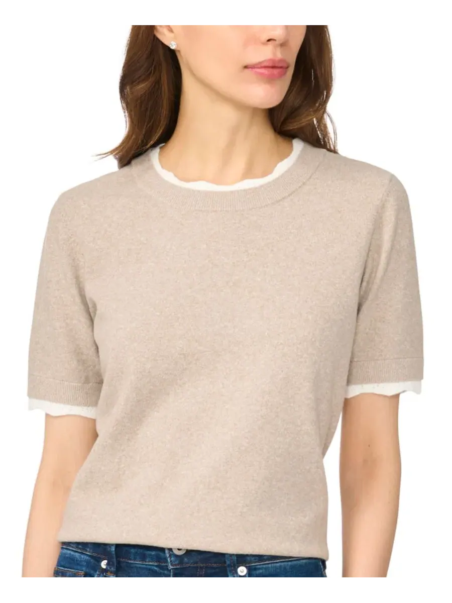 Женский джемпер-пуловер с кружевной отделкой и коротким рукавом, модель Scalloped-Trim Short-Sleeve — изображение 2 из 4