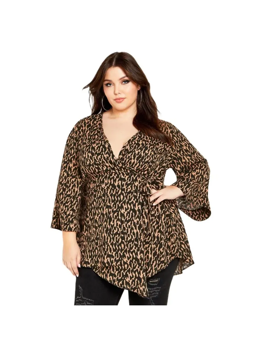 Топ-драпировка с запахом, с V-образным вырезом и длинным рукавом, Plus Size Jemma, City Chic, Geo