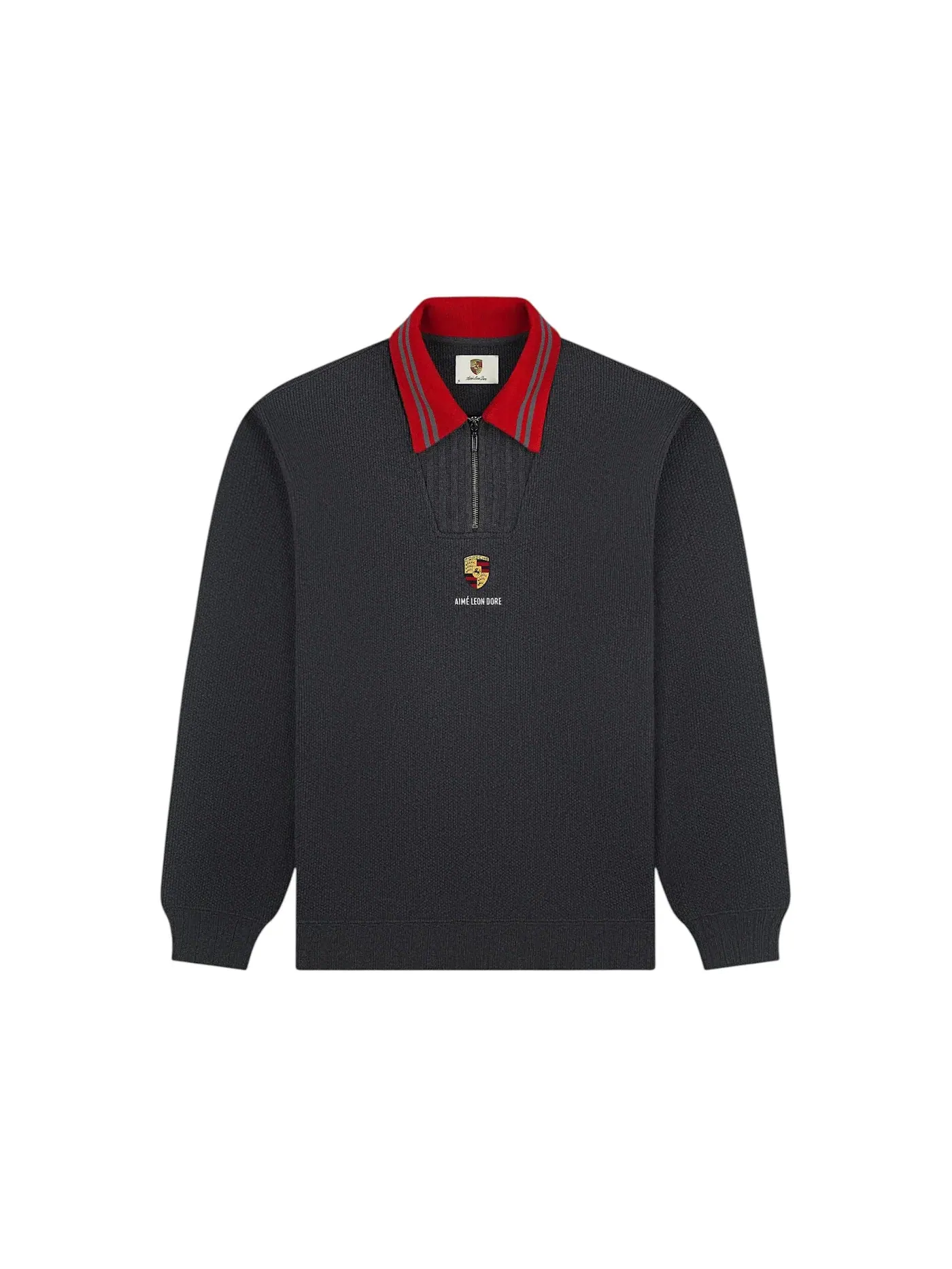 Мужской пуловер с воротником и контрастным жаккардовым узором Aime Leon Dore x Porsche Pullover — изображение 1 из 2, серый