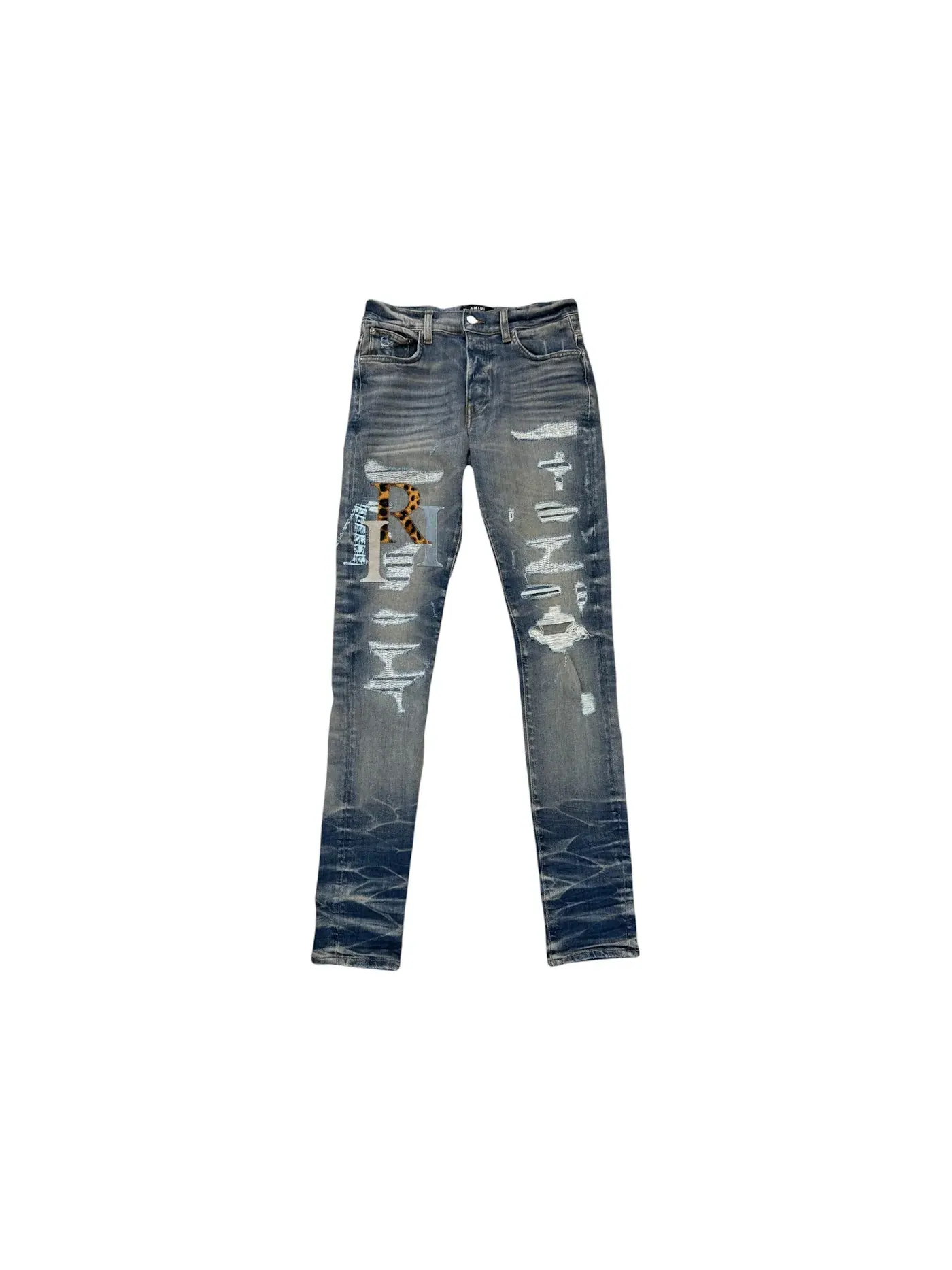 Мужские джинсы с кожаными нашивками-логотипами Jeans AMIRI — изображение 1 из 2, винтажный индиго