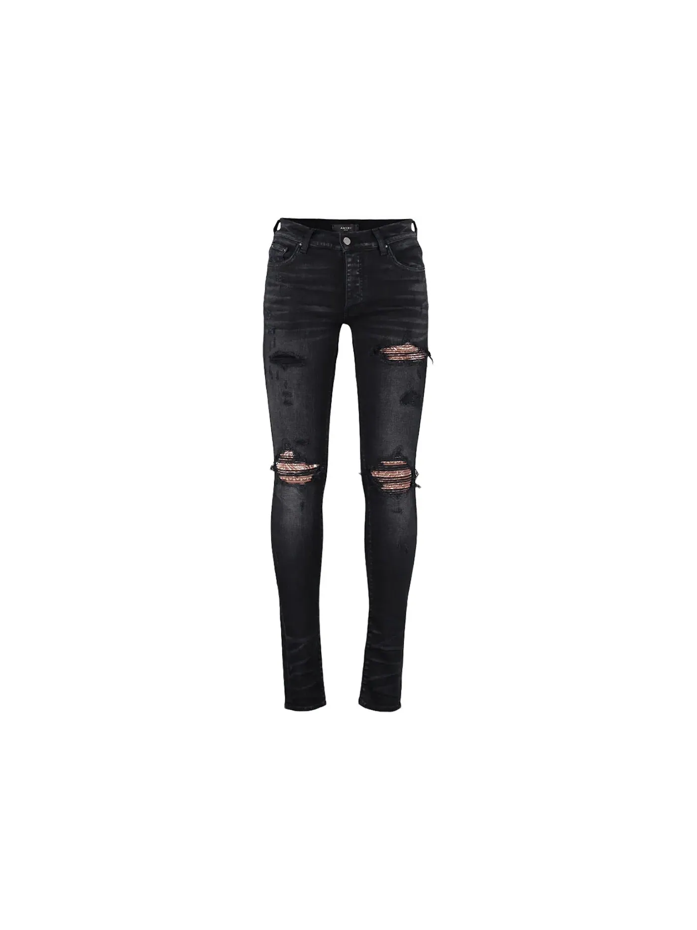 Мужские джинсы skinny fit с принтом MX1 Bandana Destroyed AMIRI — изображение 1 из 2, черный/коричневый