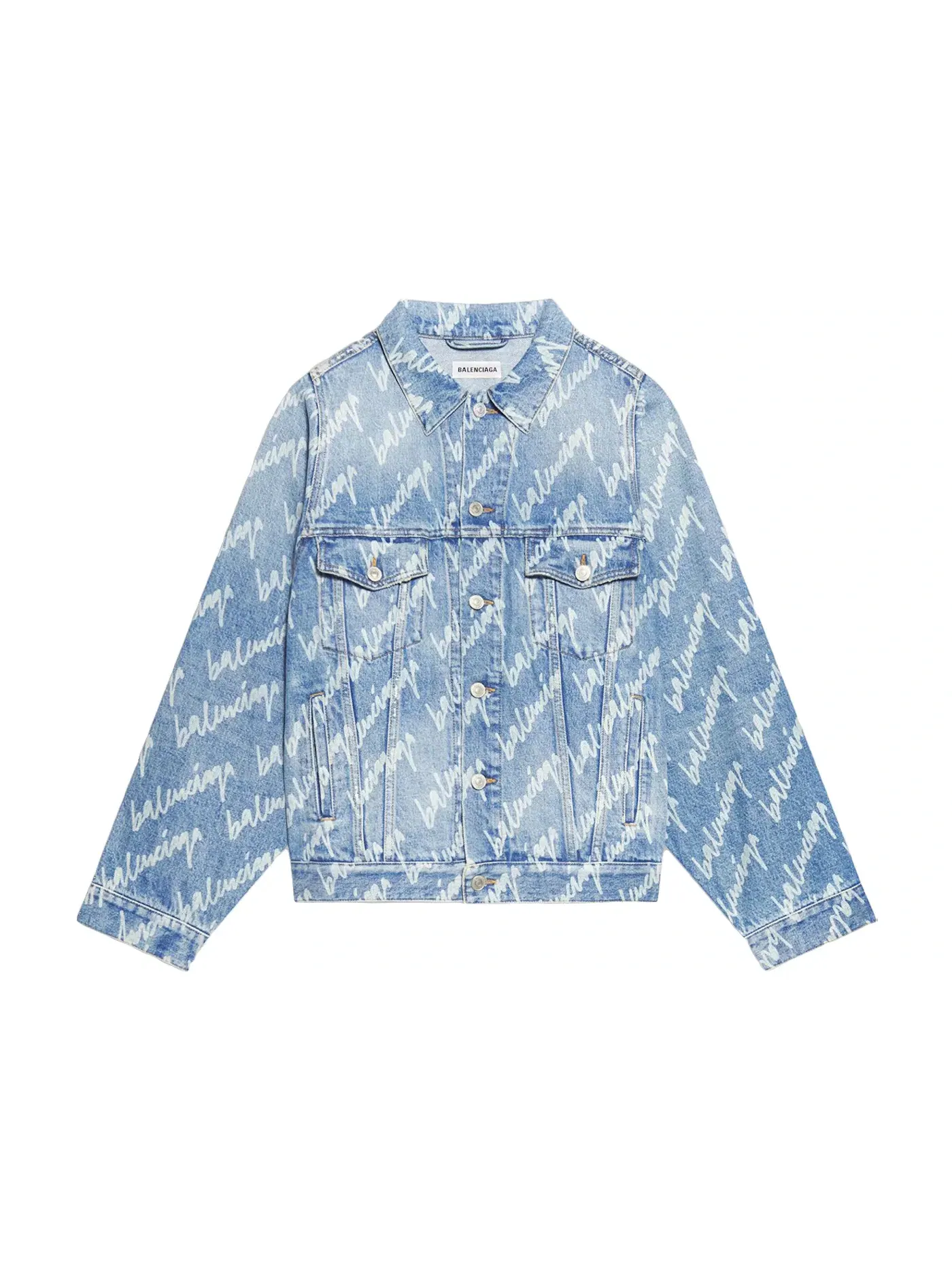 Женская джинсовая куртка с принтом, модель All Over Logo Balenciaga — изображение 1 из 2, индиго/белый