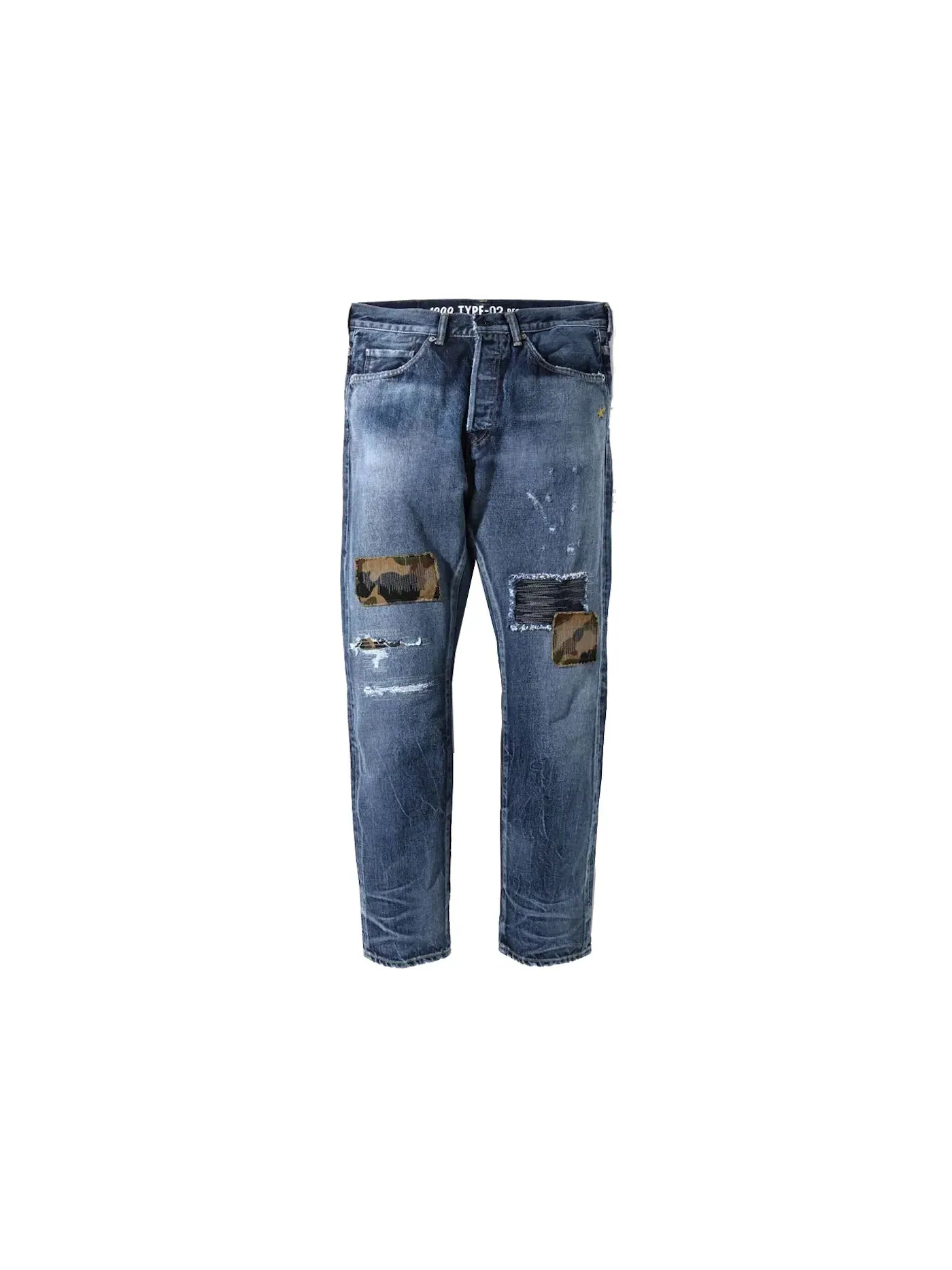 Мужские джинсы с принтом BAPE 1999 Type-02 1st Camo Patch Damaged Denim Pants BAPE — изображение 1 из 2, синий