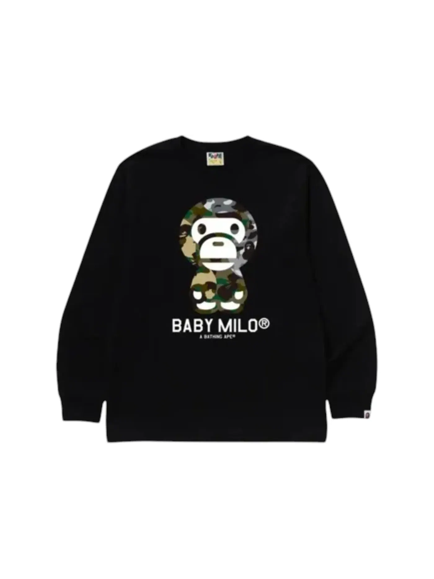 Мужская футболка с принтом BAPE 1st Camo Crazy Baby Milo L/S Tee BAPE — изображение 1 из 1, черный