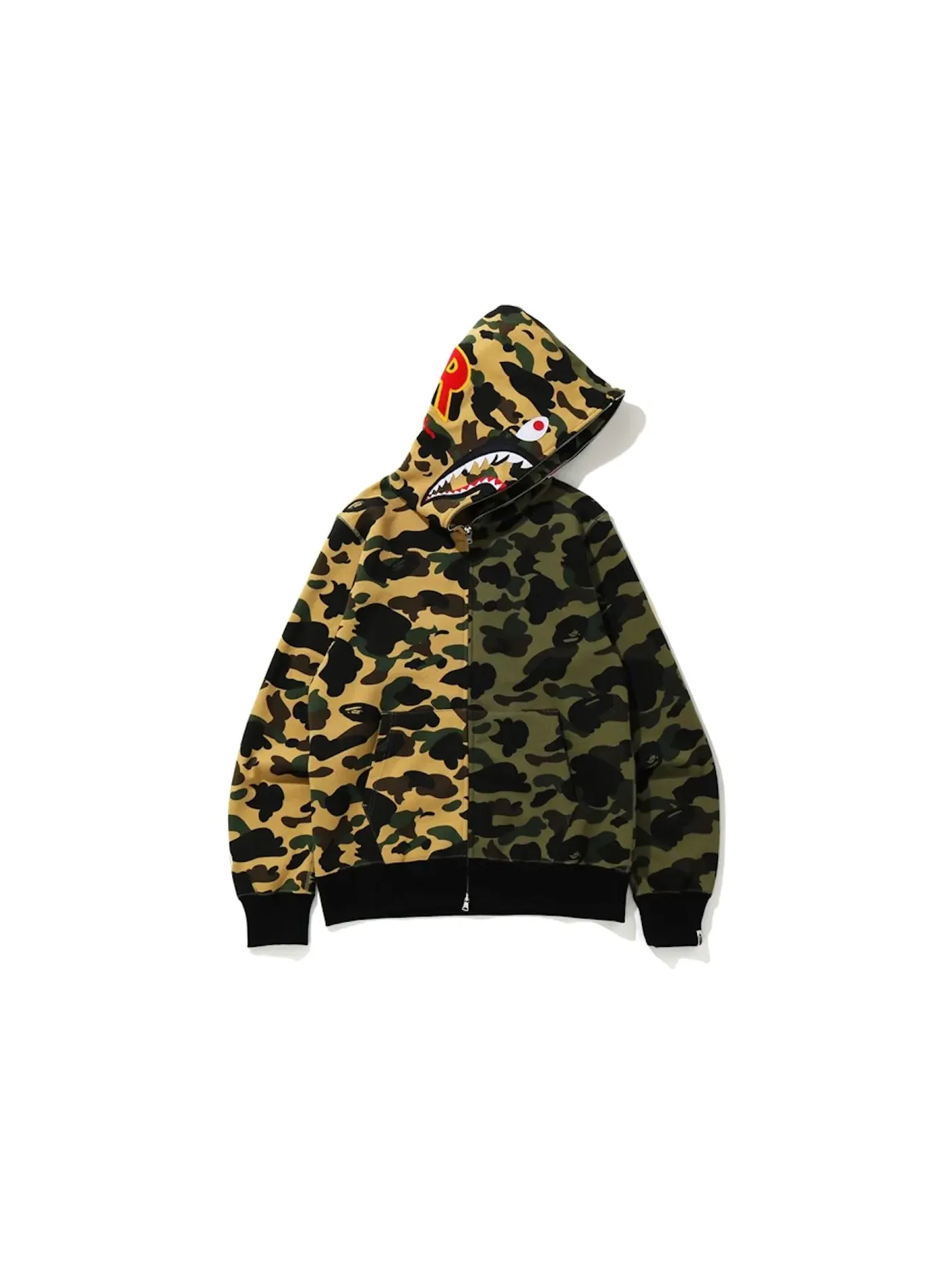Мужская кофта-худи с принтом Half Shark Full Zip BAPE — изображение 1 из 2, зеленый/желтый