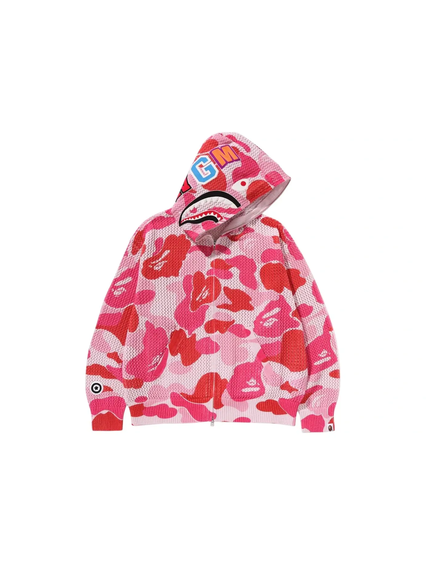 Мужская худи с капюшоном с принтом BAPE ABC Camo Crochet Relaxed Fit Shark Full Zip Hoodie BAPE — изображение 1 из 2, розовый
