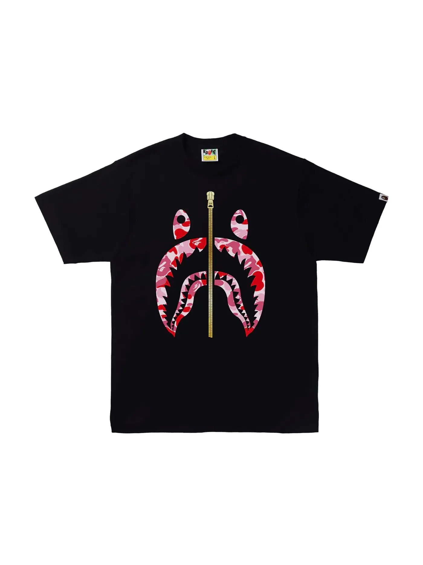 Мужская футболка с принтом BAPE ABC Camo Gold Zip Shark Tee BAPE — изображение 1 из 1, черный/розовый