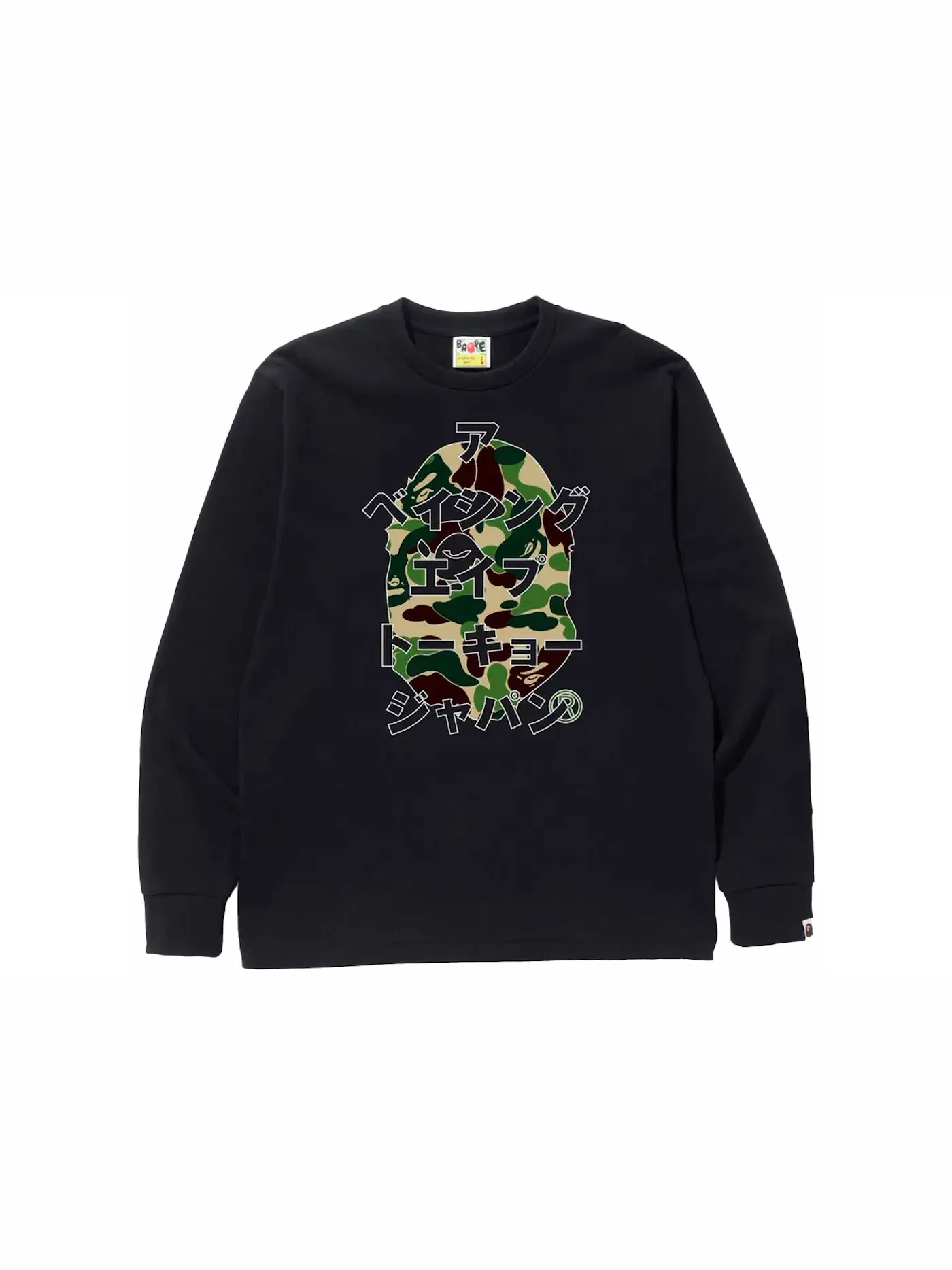 Мужская футболка с длинным рукавом с принтом BAPE ABC Camo Japanese Letters Tee BAPE — изображение 1 из 1, черный/зеленый
