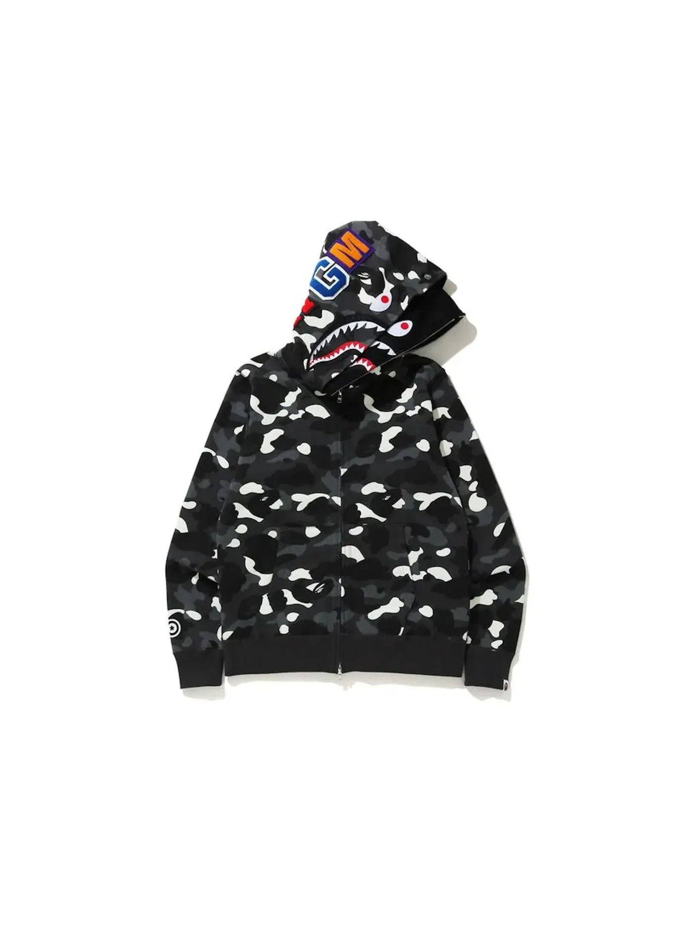 Мужская худи с принтом BAPE City Camo Shark Wide Full Zip Double Hoodie Black — изображение 1 из 3