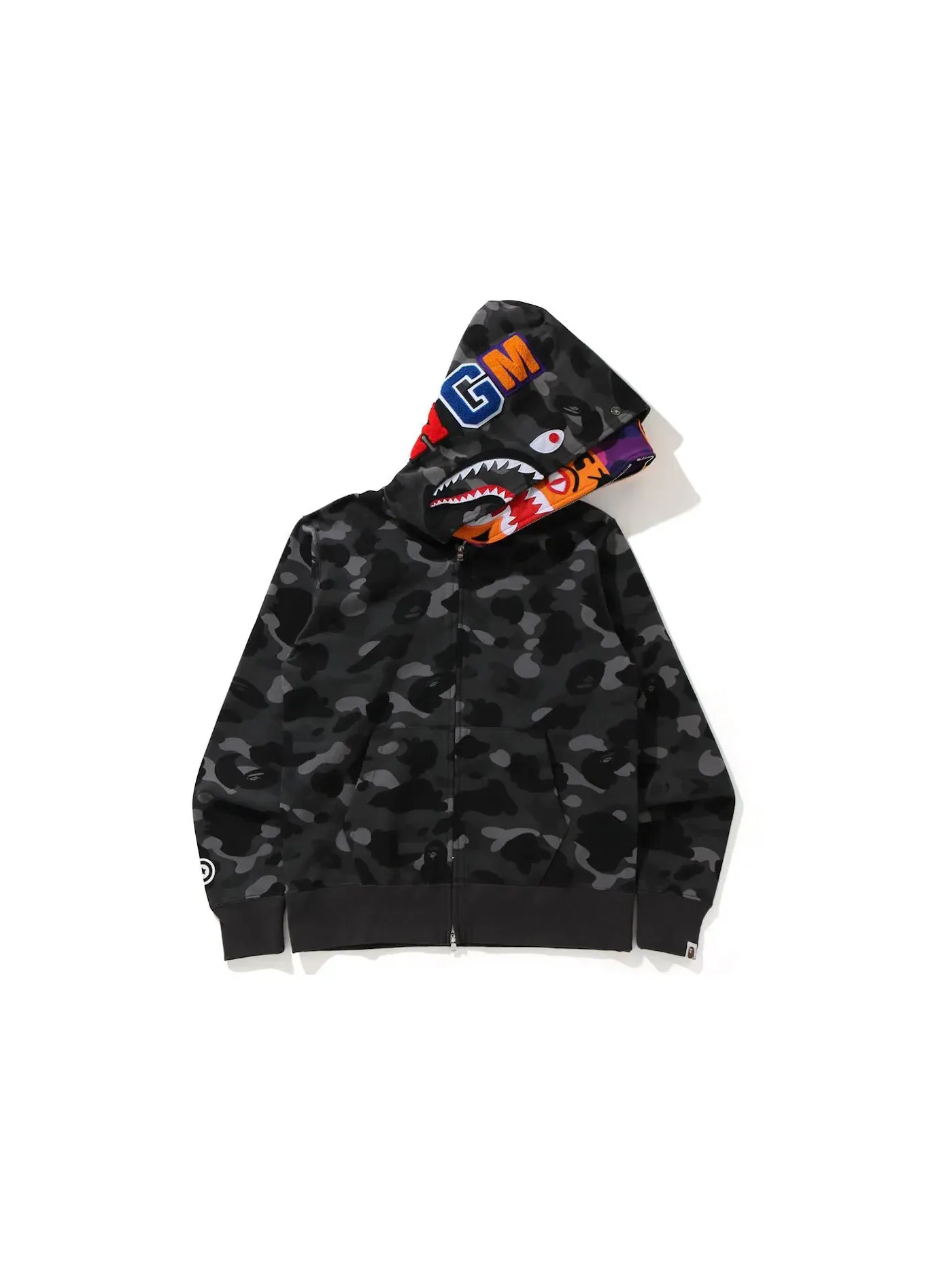 Мужской худи с полной застежкой-молнией с принтом BAPE Color Camo Tiger Shark Wide Full Zip Double Hoodie BAPE, черный