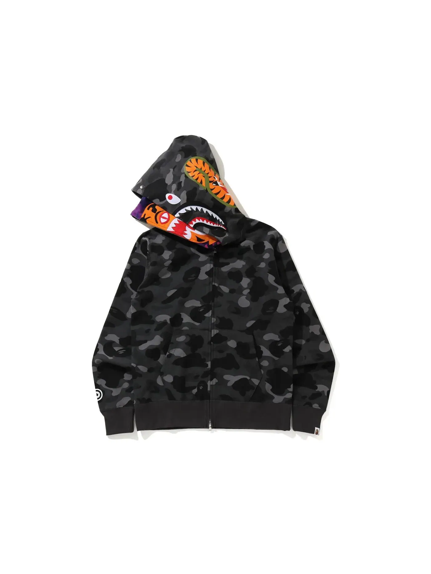 Мужской худи с полной застежкой-молнией с принтом BAPE Color Camo Tiger Shark Wide Full Zip Double Hoodie BAPE, черный