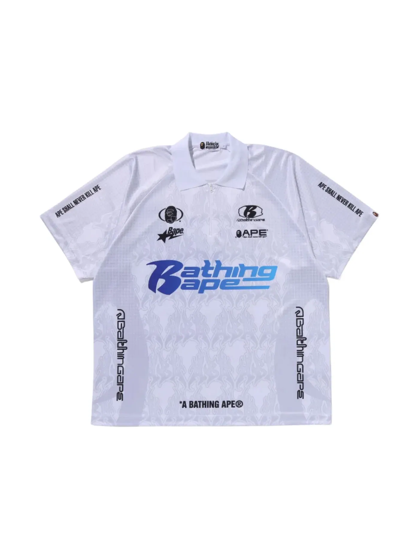 Мужская футболка-поло с принтом BAPE Flame Pattern Overall Print Half Zip Relax Fit Polo Shirt White — изображение 1 из 1