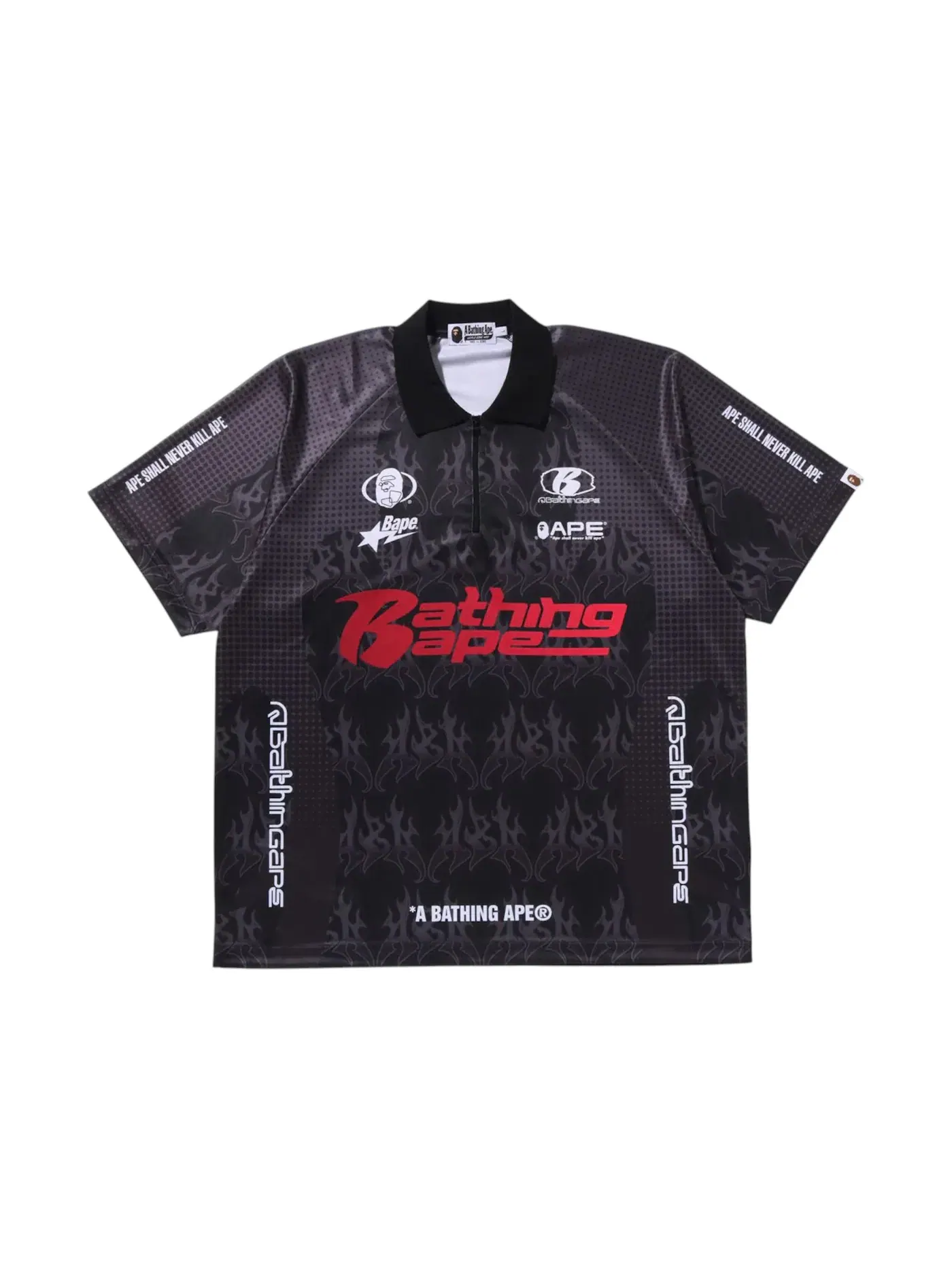Мужская футболка-поло с принтом BAPE Flame Pattern Overall Print Half Zip Relax Fit Polo Shirt Black — изображение 1 из 1