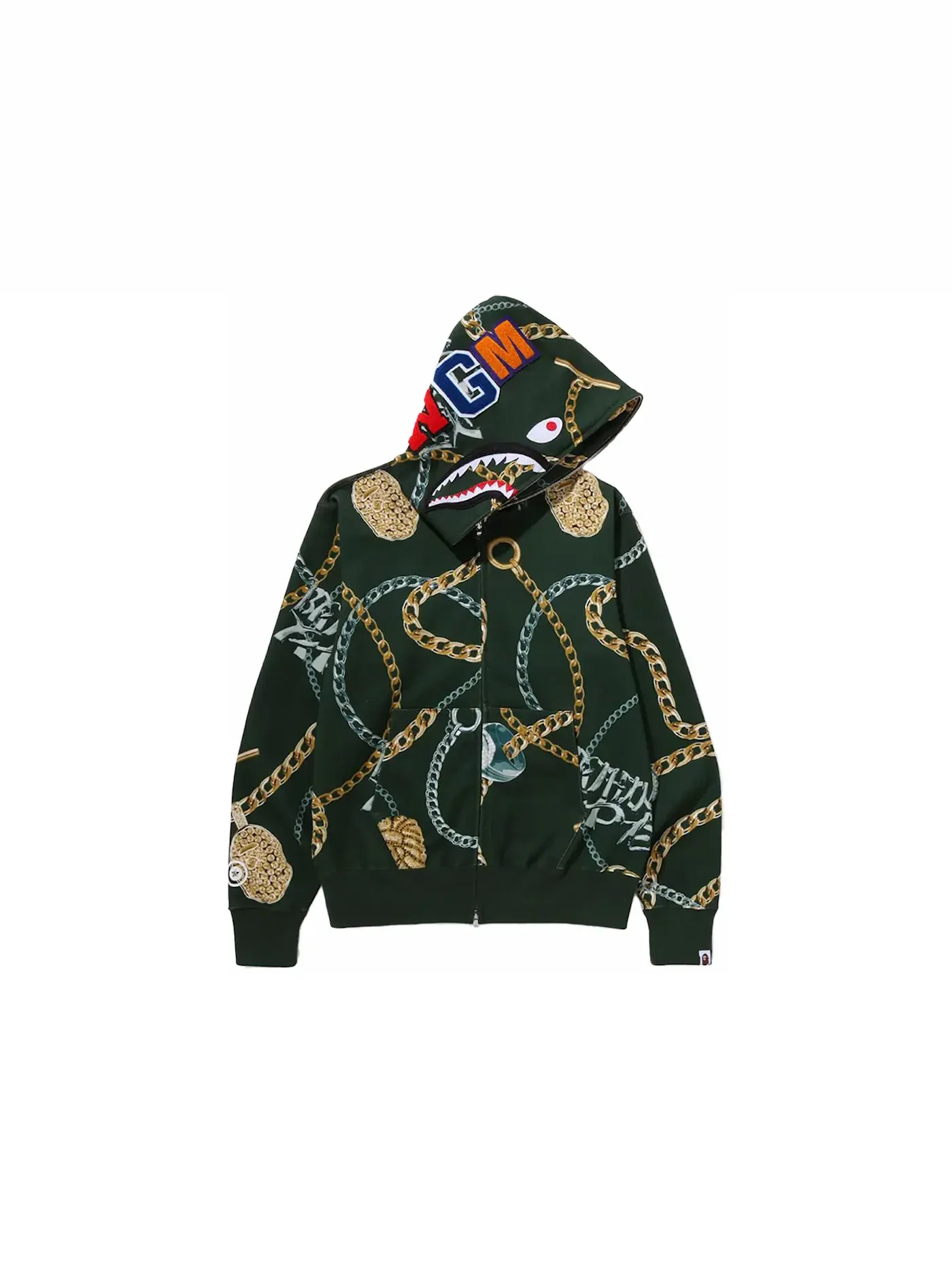 Мужская худи с принтом BAPE Jewels Shark Full Zip BAPE — изображение 1 из 2, зеленый