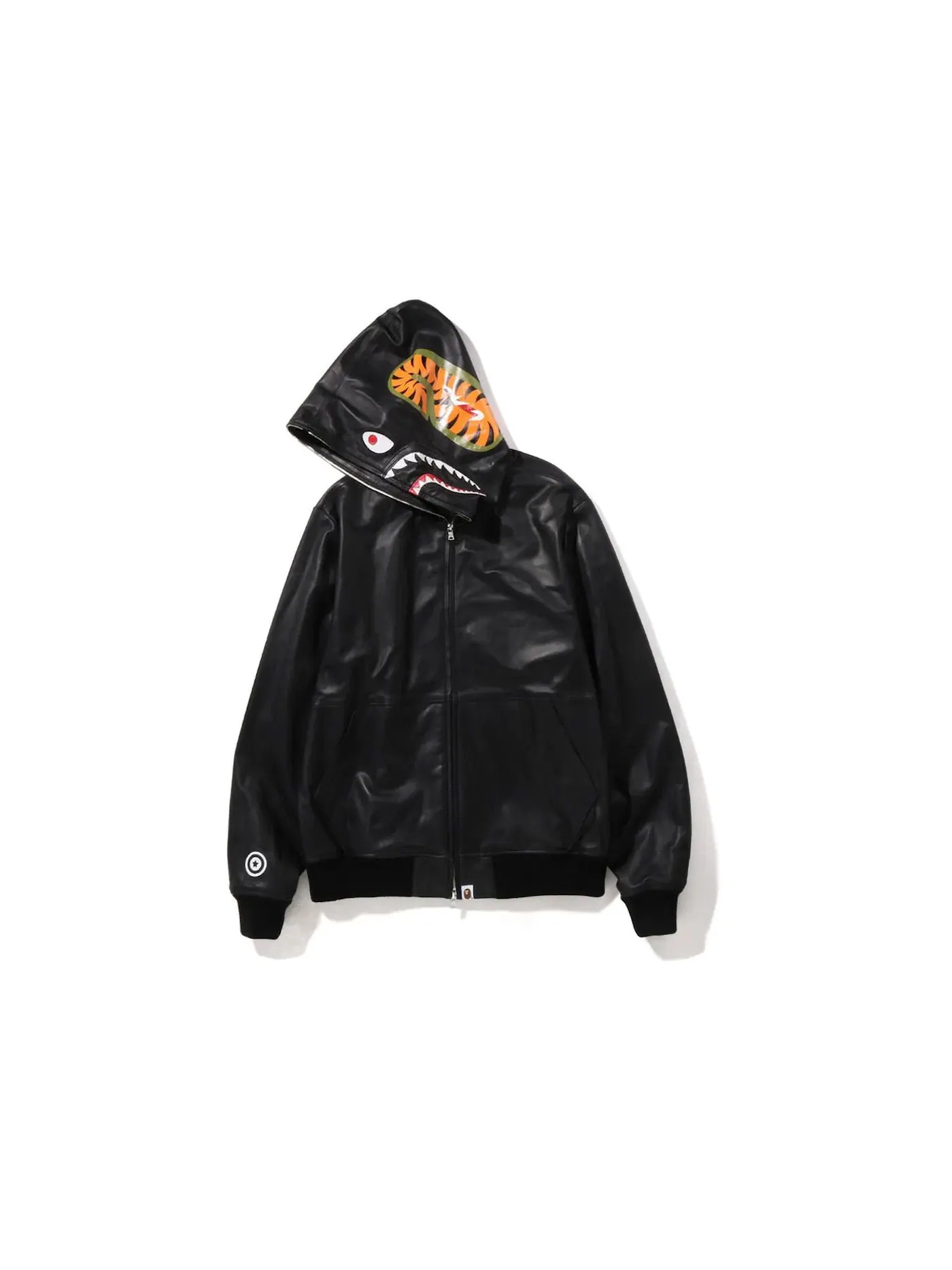 Мужская куртка-бомбер из кожи с принтом BAPE — изображение 2 из 3, черный