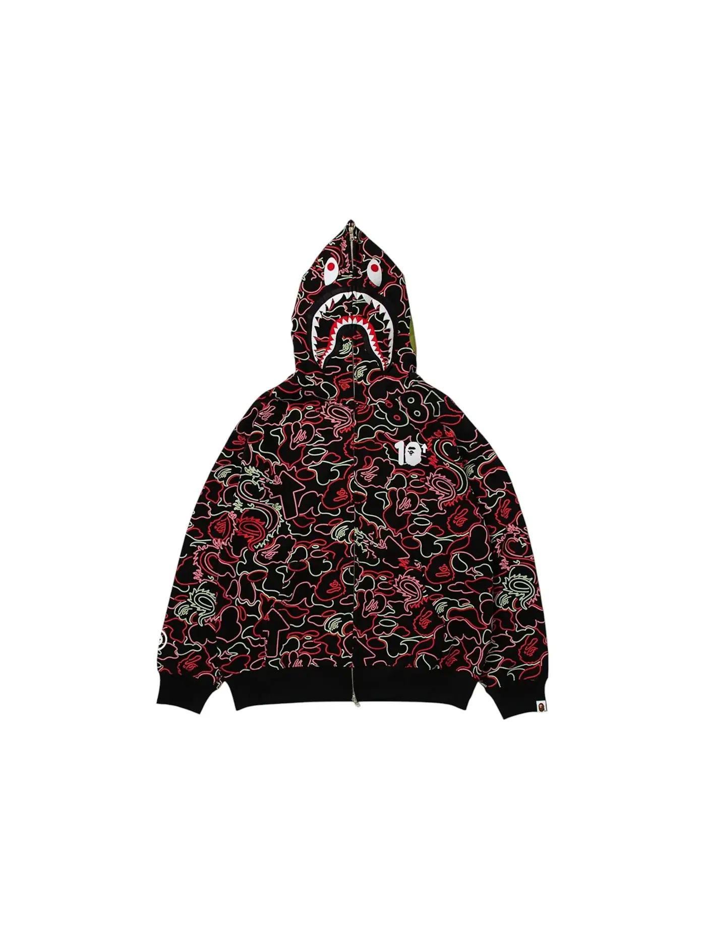 Мужская худи с принтом BAPE x 88Rising Glow In The Dark Camo Shark Full Zip Hoodie BAPE — изображение 1 из 2, красный