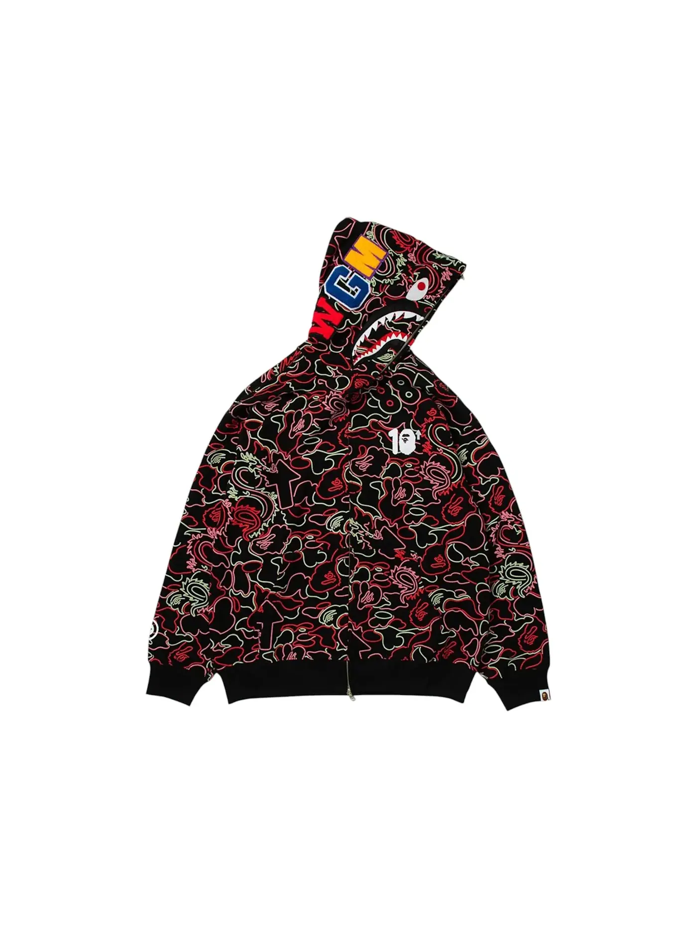Мужская худи с принтом BAPE x 88Rising Glow In The Dark Camo Shark Full Zip Hoodie BAPE — изображение 2 из 2, красный