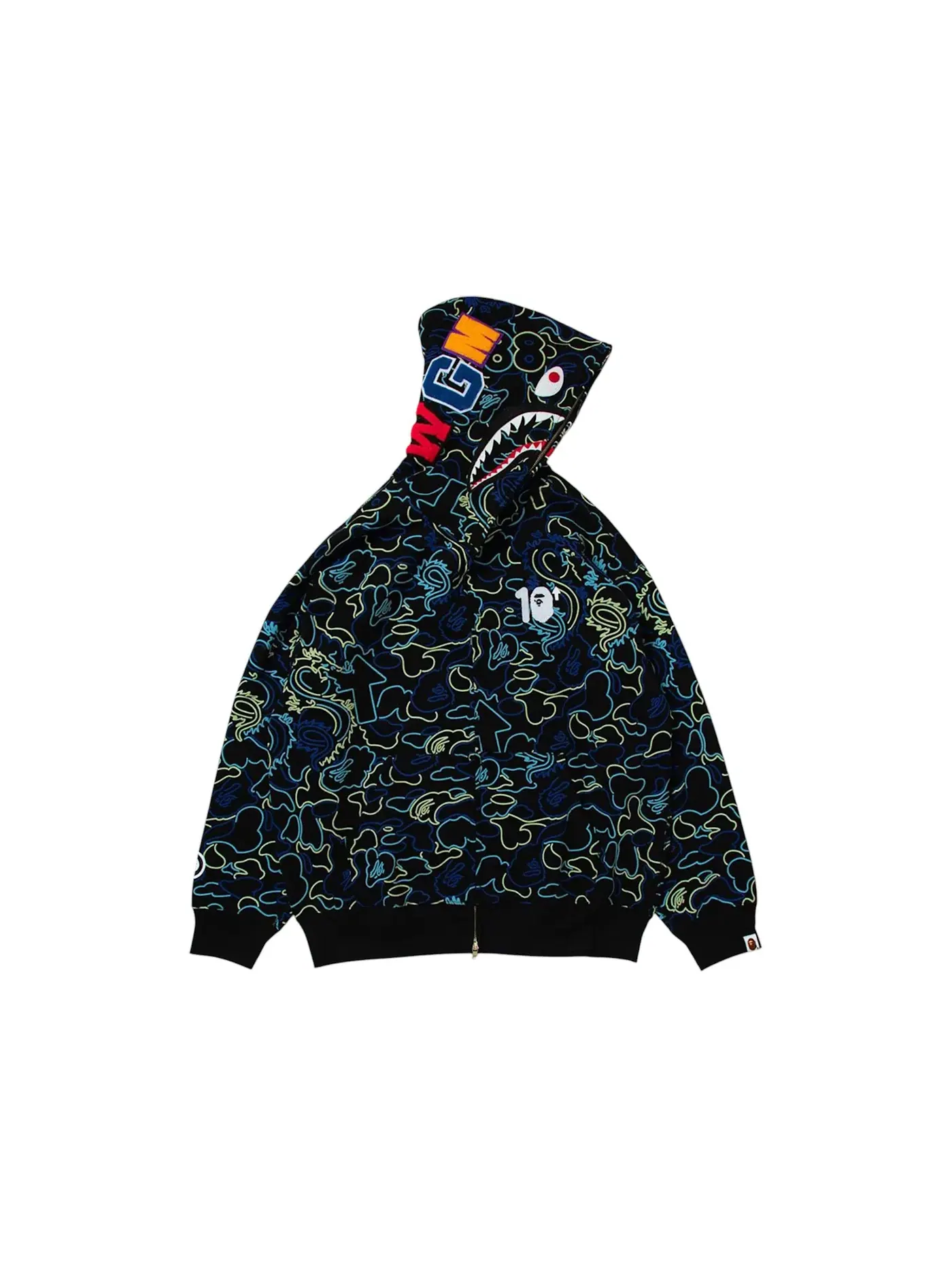 Мужская худи с камуфляжным принтом BAPE x 88Rising Glow In The Dark Camo Shark Full Zip Hoodie — изображение 2 из 2, синий