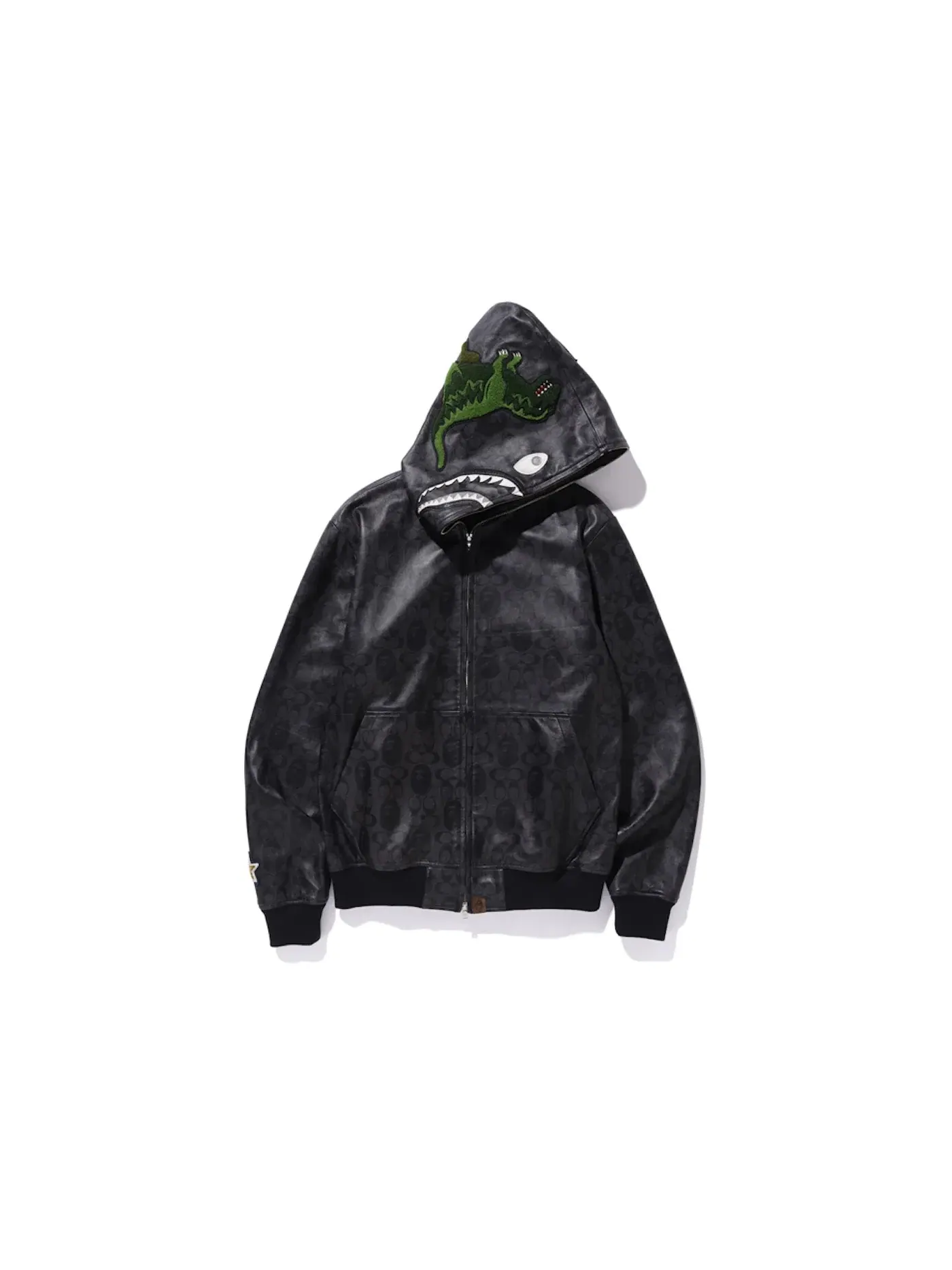 Мужская куртка-худи с принтом акулы BAPE x Coach Leather Shark Hoodie Jacket — изображение 1 из 2, черный