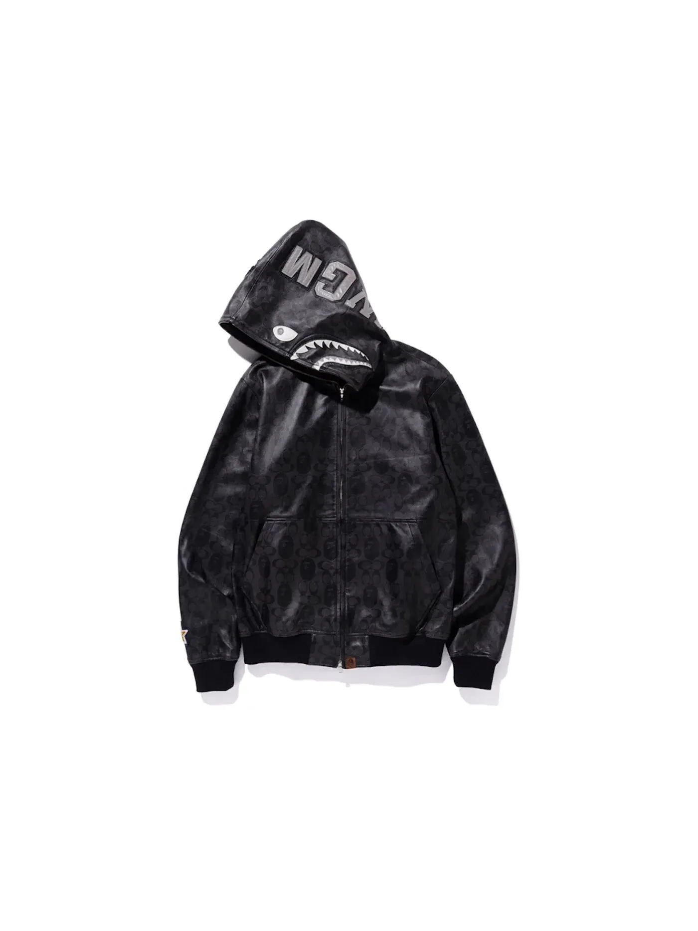 Мужская куртка-худи с принтом акулы BAPE x Coach Leather Shark Hoodie Jacket — изображение 2 из 2, черный