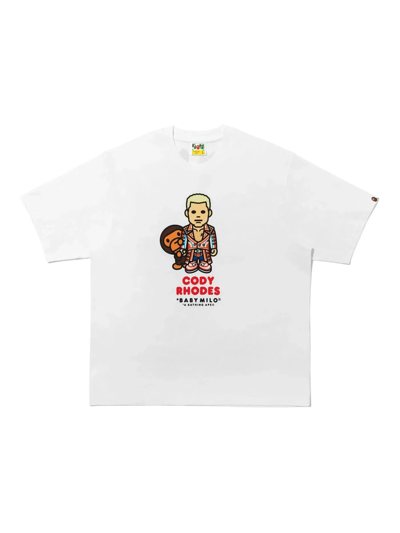 Мужская футболка свободного кроя BAPE x Fanatics x WWE Cody Rhodes Baby Milo Relaxed Fit Tee — изображение 1 из 2, белый