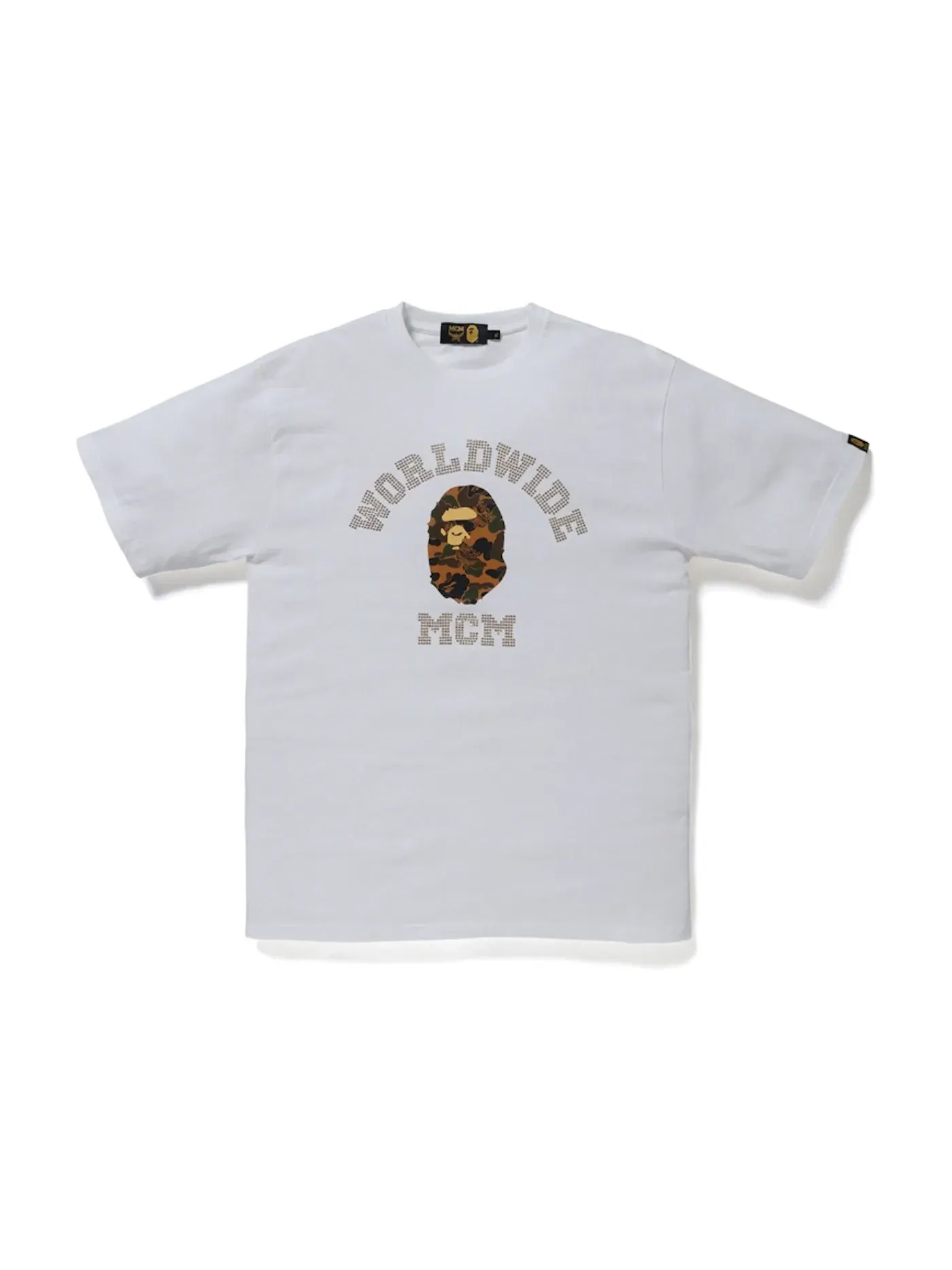 Мужская футболка с принтом BAPE x MCM Rhinestone College Tee BAPE — изображение 1 из 1, белый