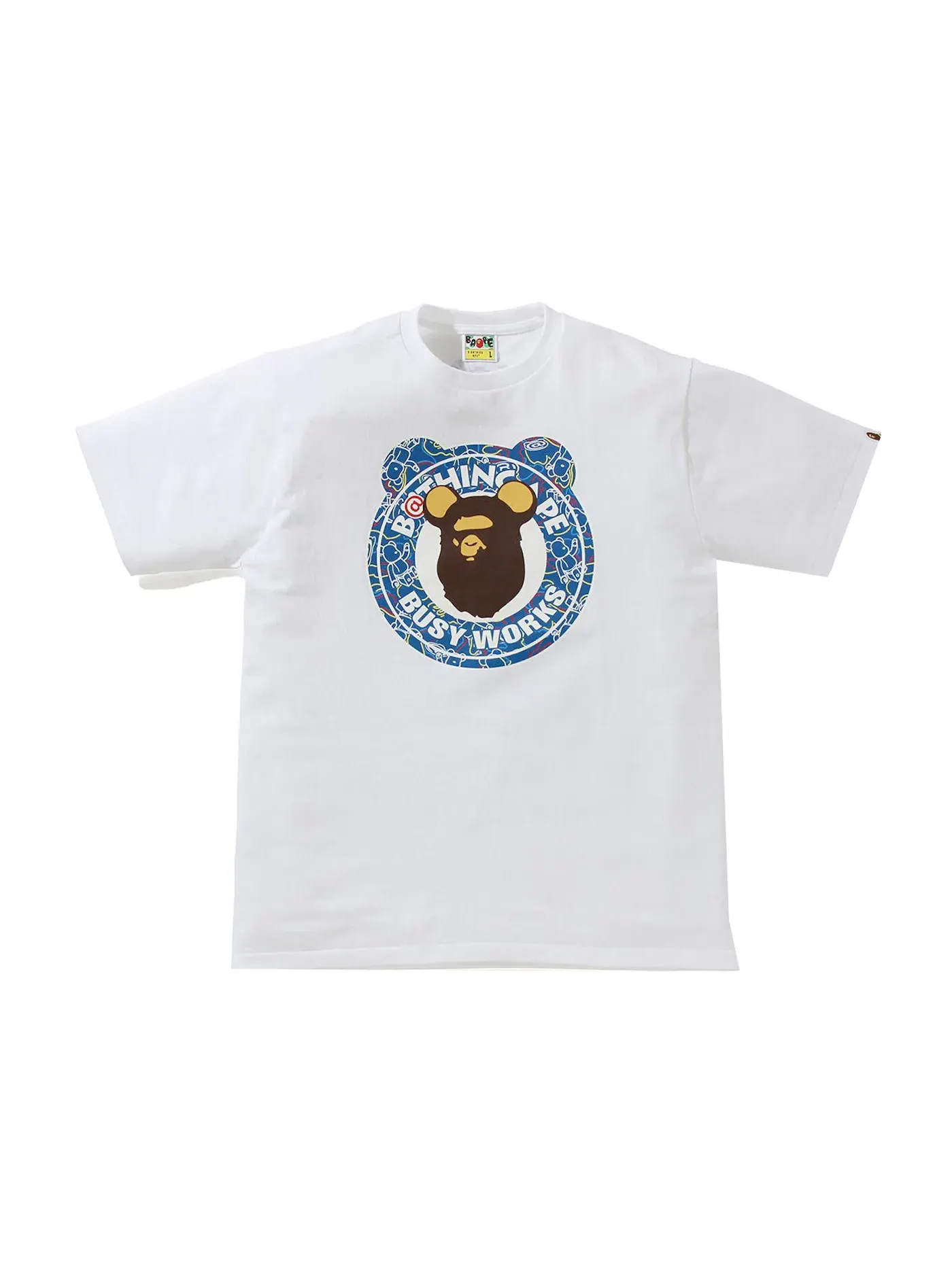 Мужская футболка с принтом BAPE x Medicom Toy Bearbrick Camo Bear Busy Works Tee BAPE — изображение 1 из 2, белый/синий