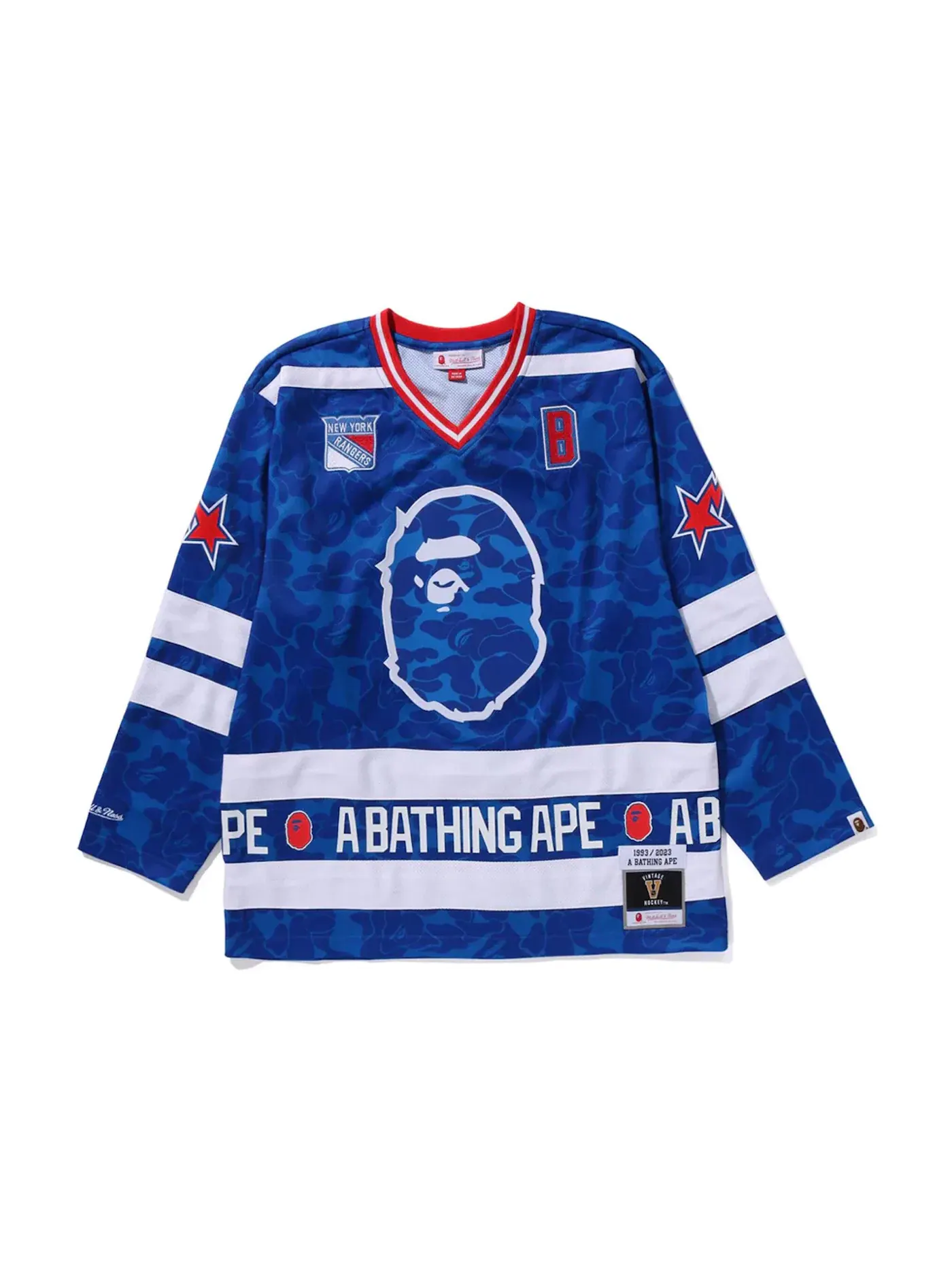 Мужская футболка с длинным рукавом BAPE x Mitchell & Ness NHL New York Rangers Mesh Hockey Jersey L/S Tee BAPE, синий