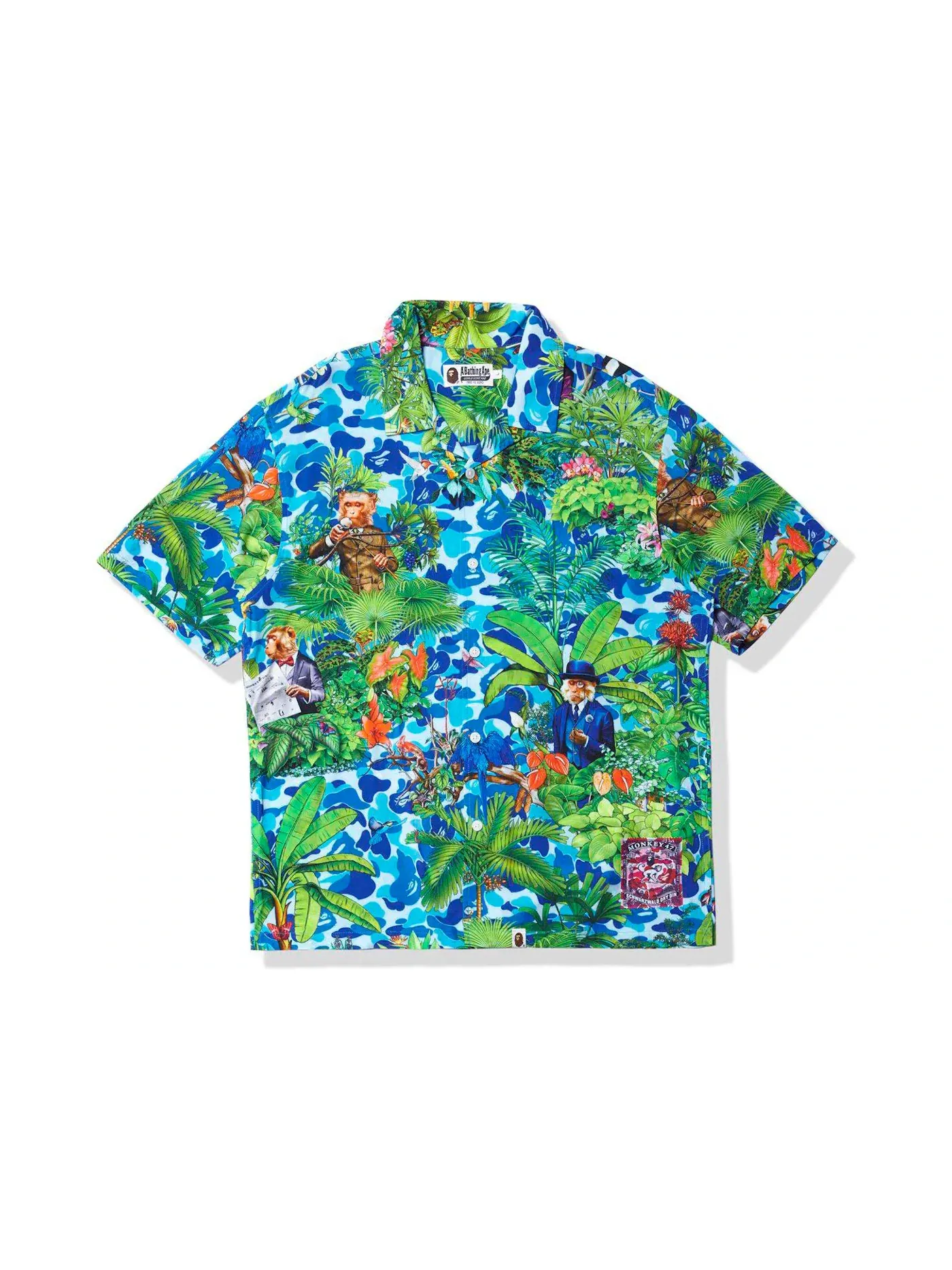 Мужская рубашка с открытым воротником с принтом BAPE x Monkey 47 BAPE — изображение 1 из 2, синий