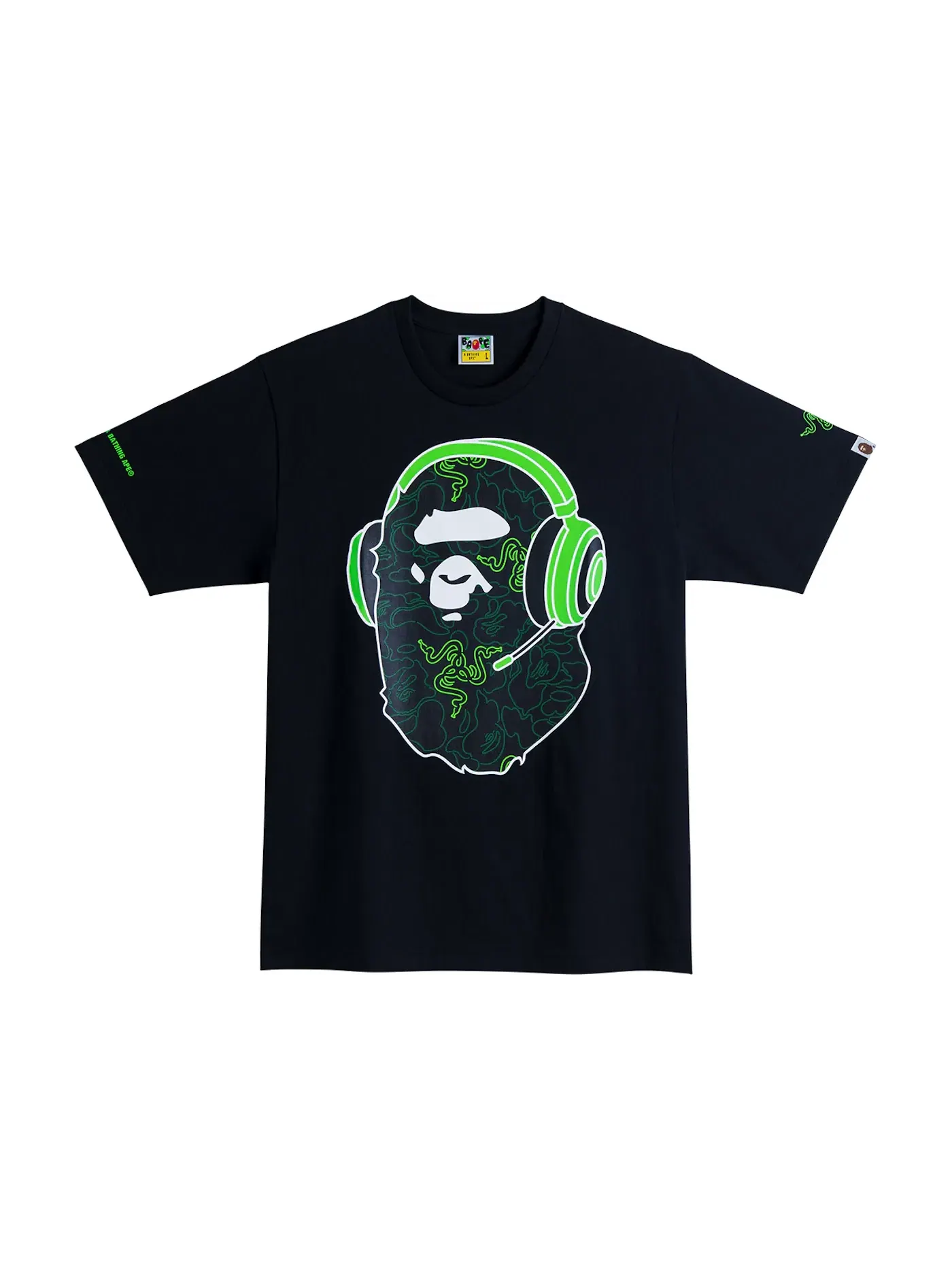 Детская футболка с принтом BAPE x Razer Neon Camo Ape Head Tee BAPE — изображение 1 из 2, черный зеленый