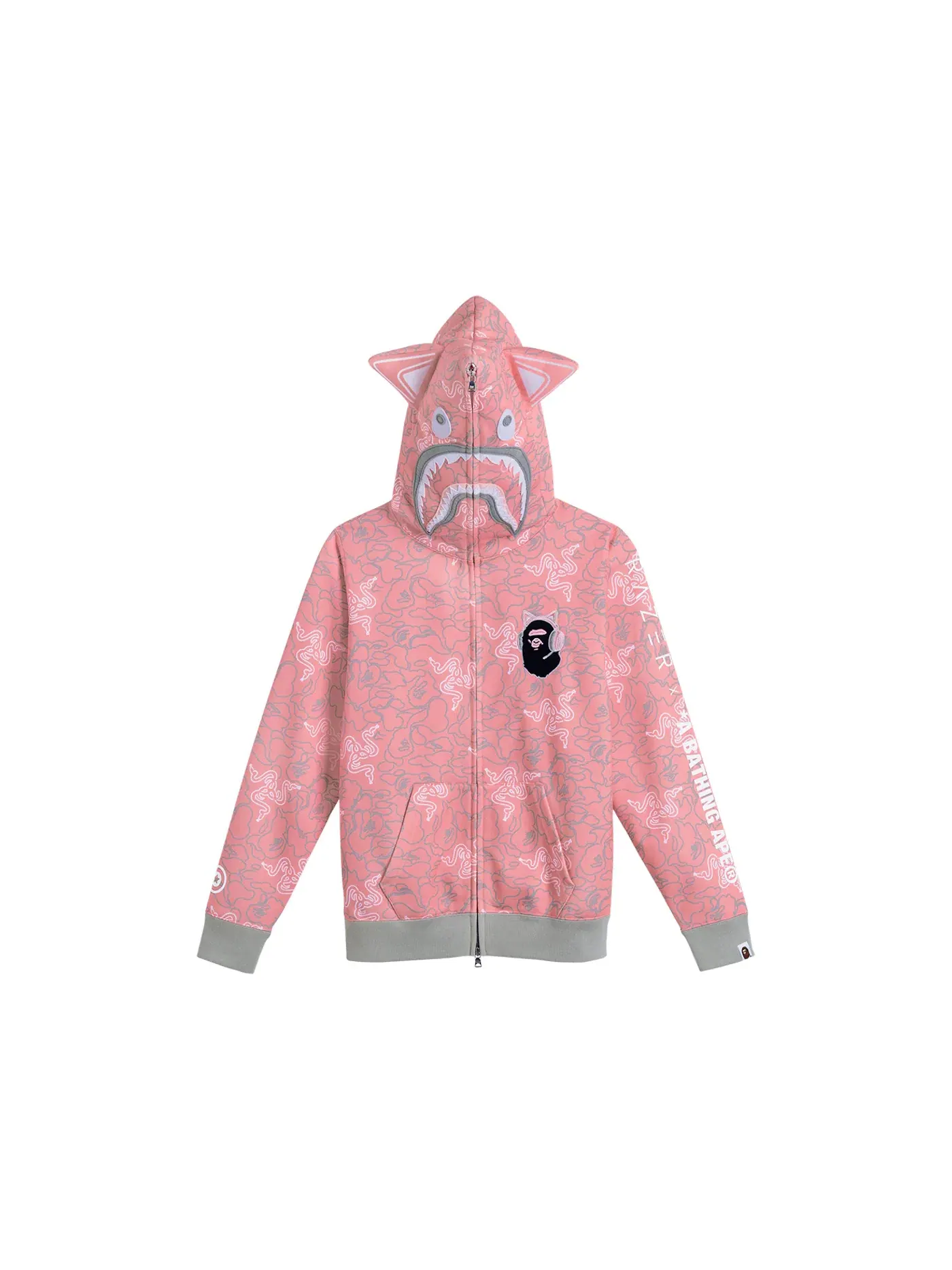 Детский худи на молнии с принтом BAPE x Razer Neon Camo Shark Full Zip Hoodie BAPE — изображение 1 из 3, розовый