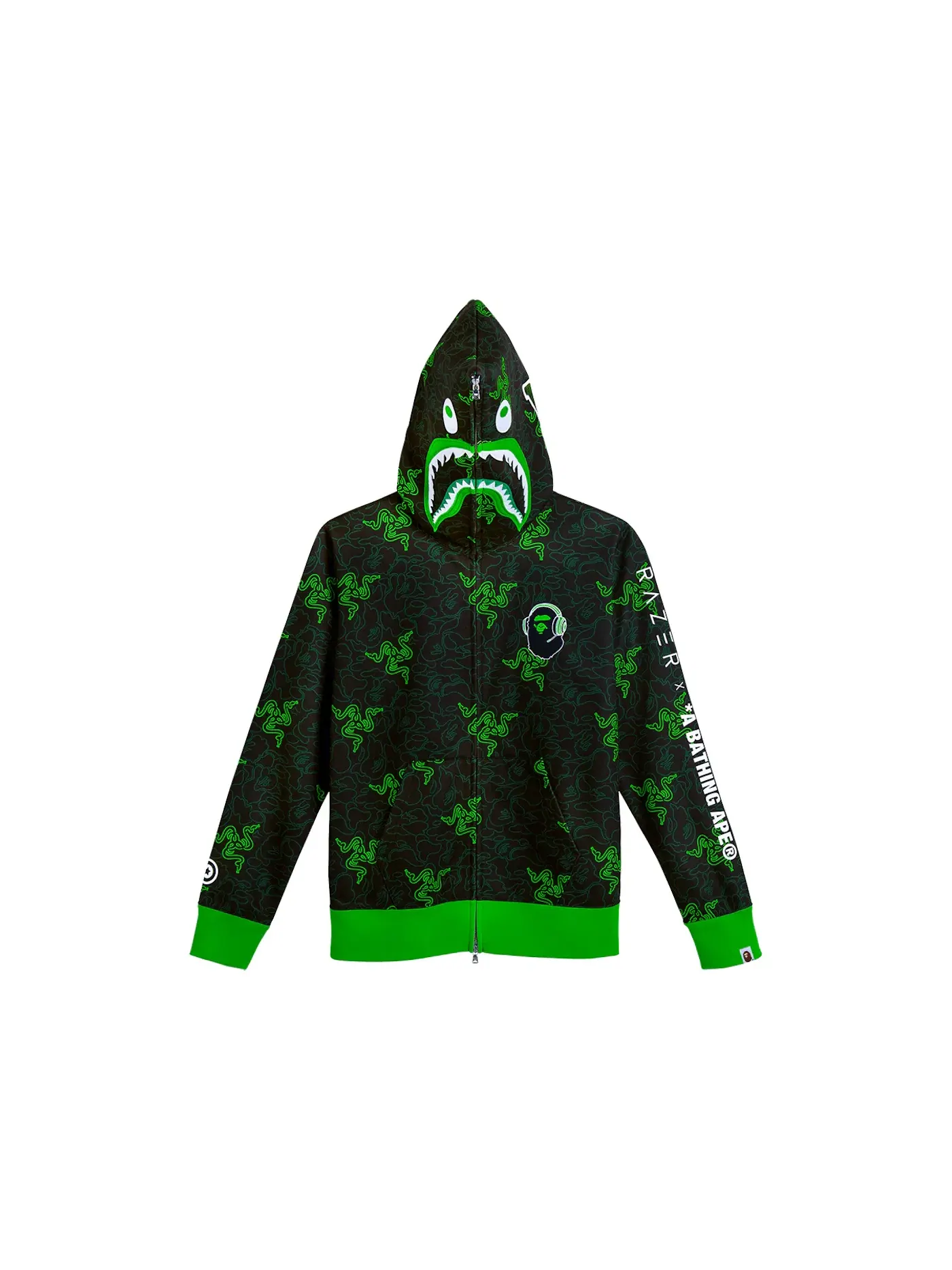 Унисекс худи с капюшоном на молнии с принтом BAPE x Razer Neon Camo Shark Full Zip Hoodie BAPE — изображение 1 из 3