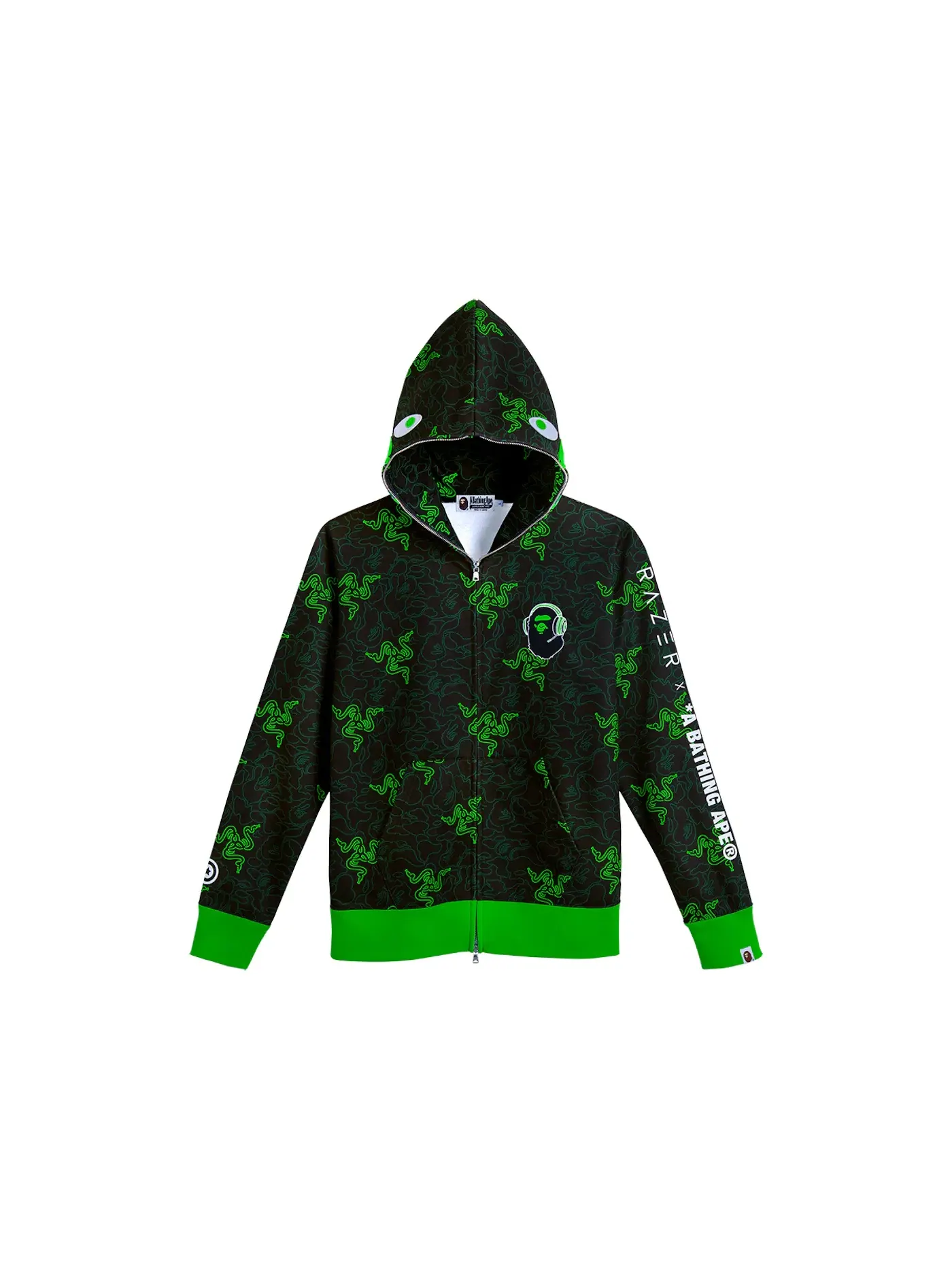 Унисекс худи с капюшоном на молнии с принтом BAPE x Razer Neon Camo Shark Full Zip Hoodie BAPE — изображение 3 из 3
