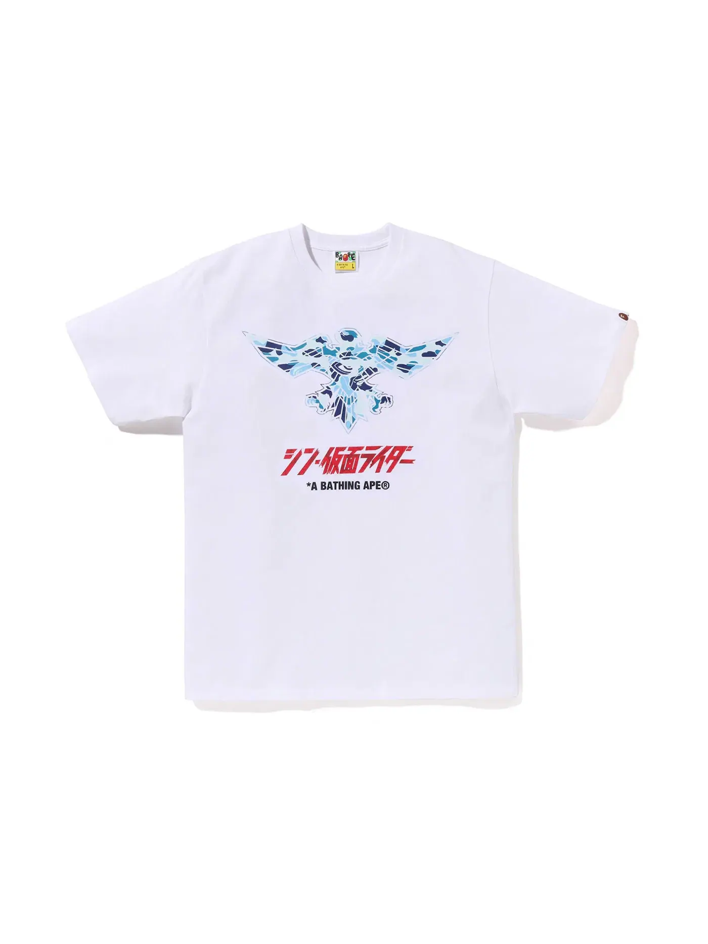 Мужская футболка с принтом BAPE x Shin Kamen Rider Shocker Emblem Tee BAPE — изображение 1 из 1, белый синий