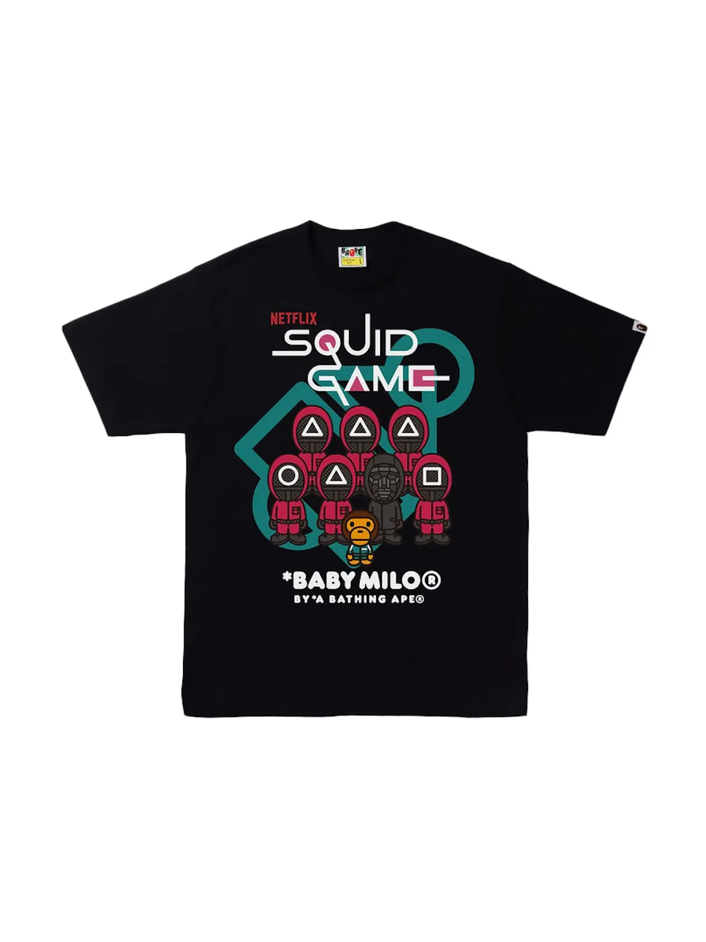 Мужская футболка с принтом BAPE x Squid Game Baby Milo Tee BAPE — изображение 1 из 2, черный