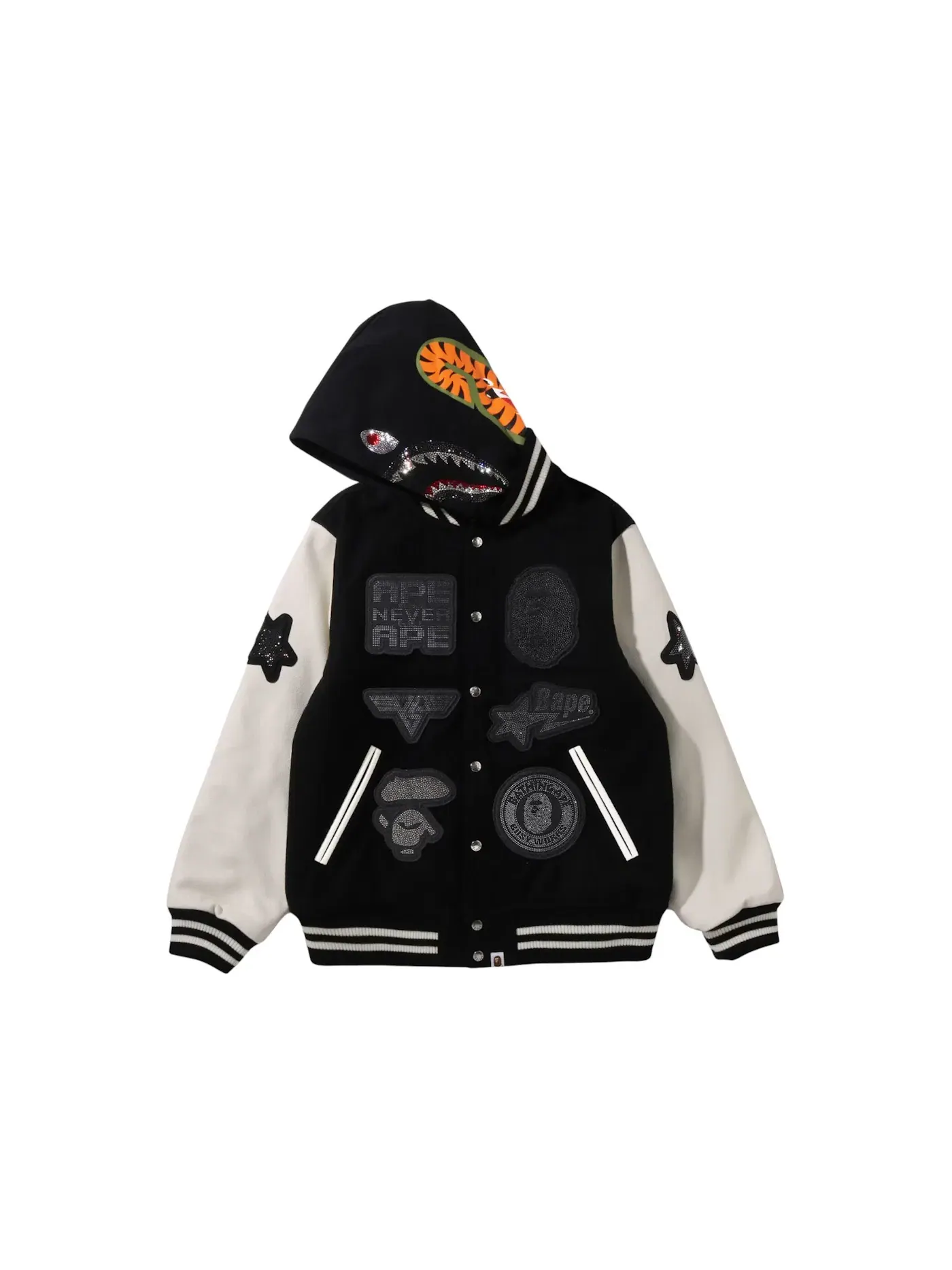Мужская куртка-бомбер с капюшоном BAPE x Swarovski Shark Hooded Varsity Jacket BAPE — изображение 1 из 1, черный/белый