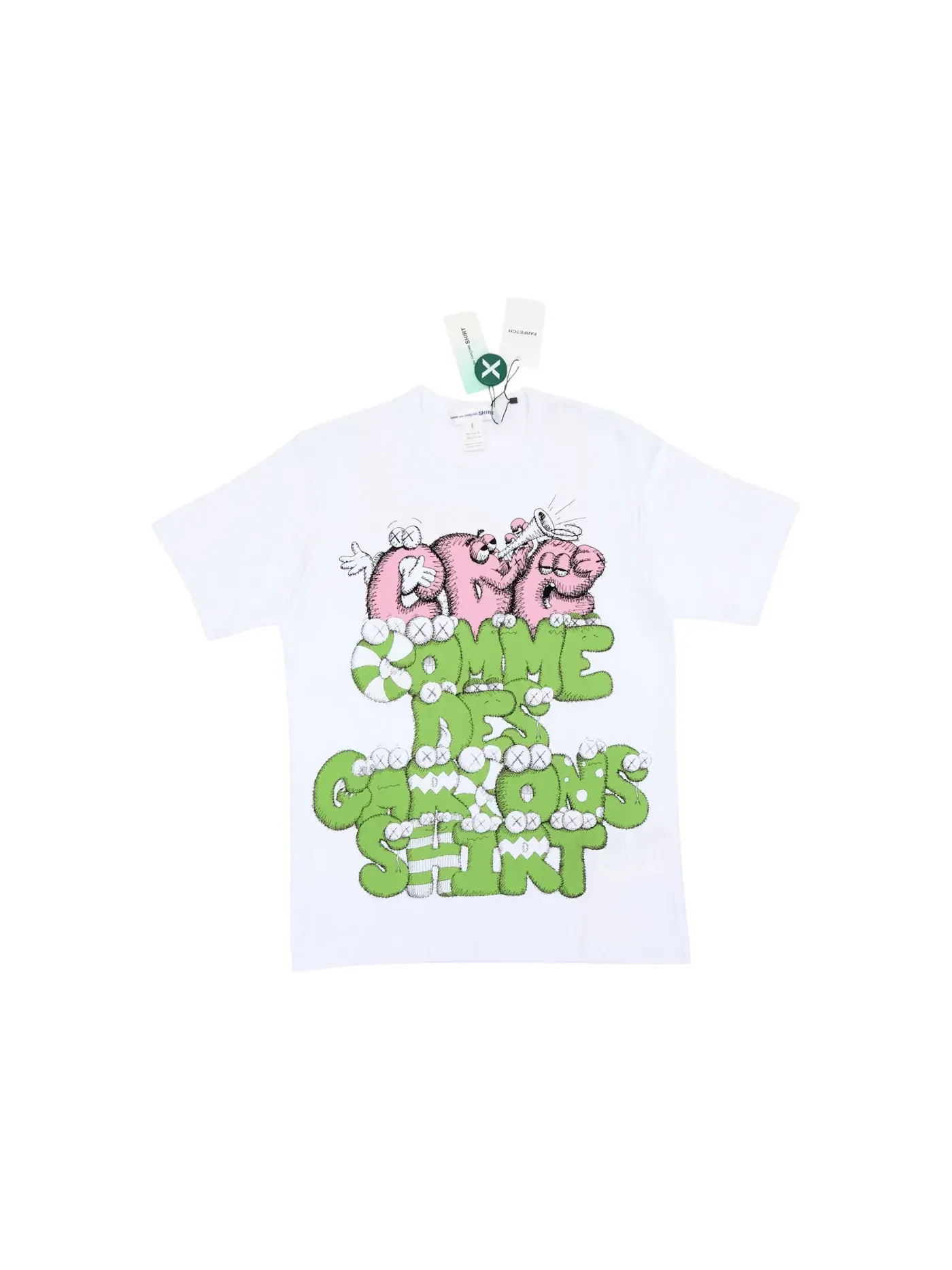 Мужская футболка с принтом CDG Shirt x KAWS Comme des Garcons — изображение 1 из 1, белый/зеленый/розовый