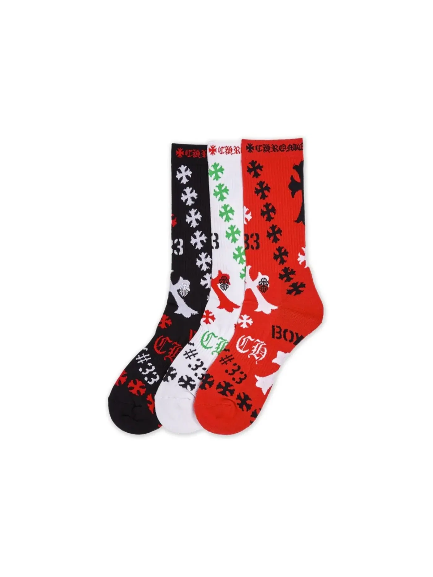 Детский набор носков с принтом Stencil Socks (3 pack) Chrome Hearts — изображение 1 из 2, черный/белый/красный