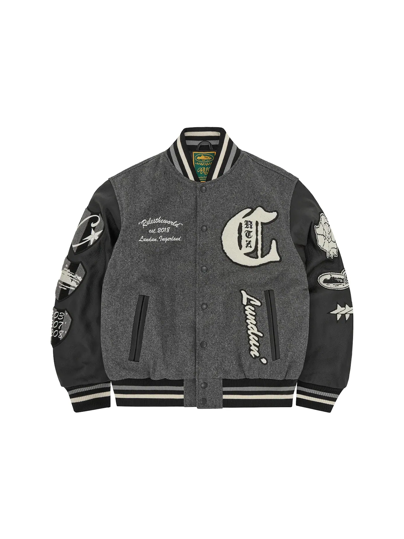 Мужская куртка с принтом Corteiz Us Vs Dem Varsity Jacket — изображение 1 из 3, серый
