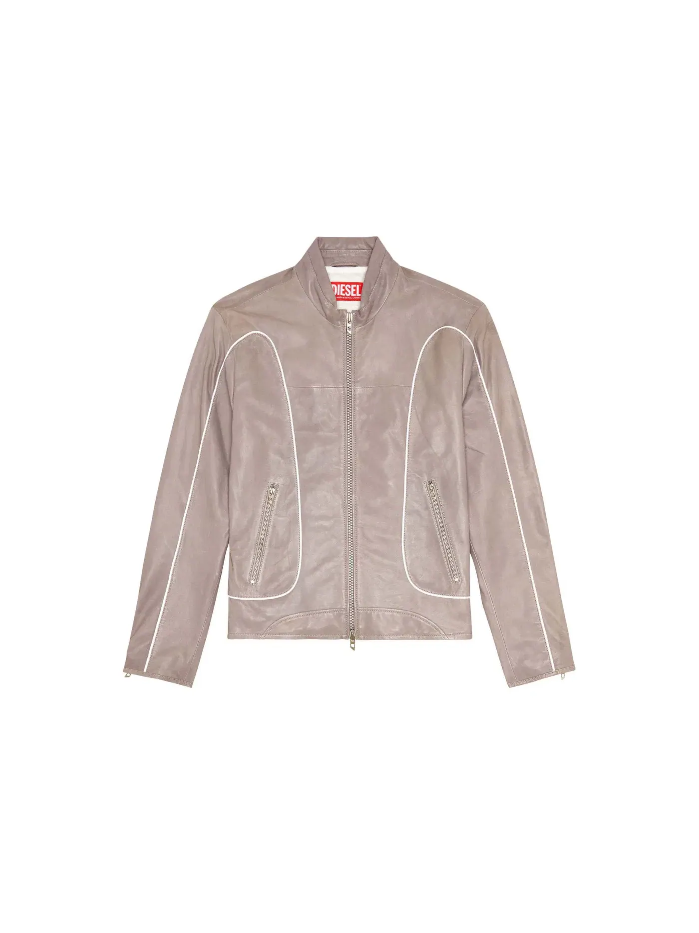 Мужская кожаная куртка-байкер с кантом Diesel Jacket with Piping — изображение 1 из 1, светлый серый