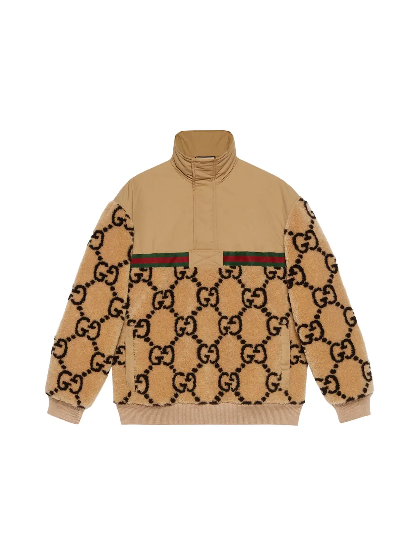Мужская куртка оверсайз с полузастежкой-молнией GG Jacquard Gucci — изображение 1 из 1, бежевый//зеленый/красный