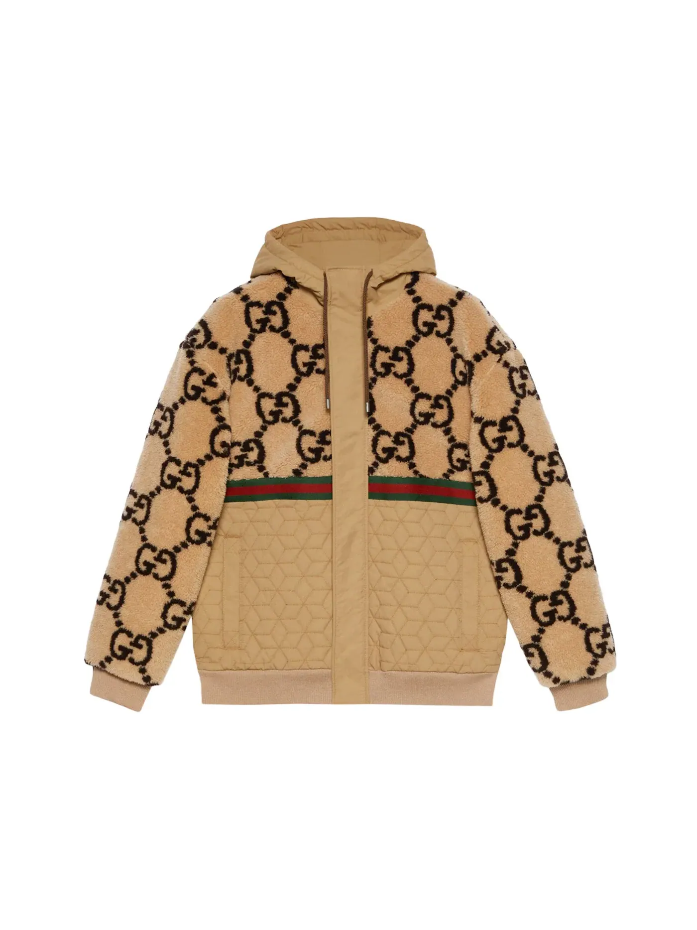 Мужская куртка-оверсайз с капюшоном из джерси с жаккардовым узором GG Gucci — изображение 1 из 1, бежевый//зеленый/красный