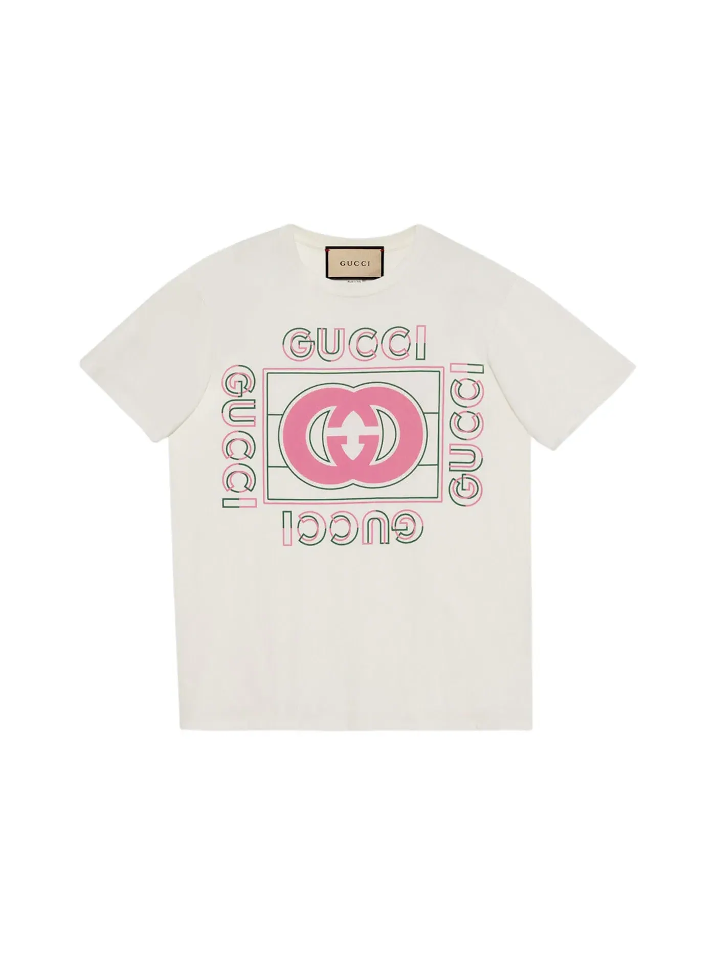 Женская футболка оверсайз с принтом Vintage Logo Gucci — изображение 1 из 1, белый/розовый/зеленый