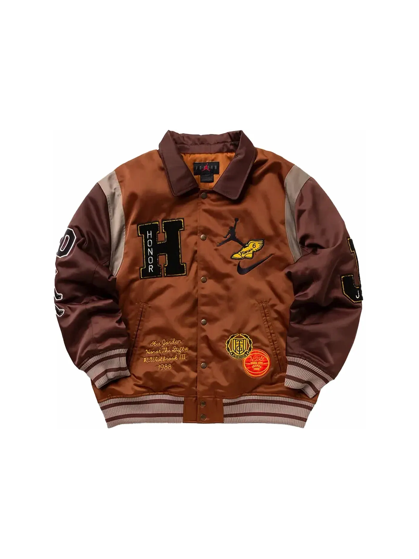 Мужская куртка-бомбер Jordan x Honor The Gift Westbrook Varsity Jacket — изображение 1 из 2, коричневый