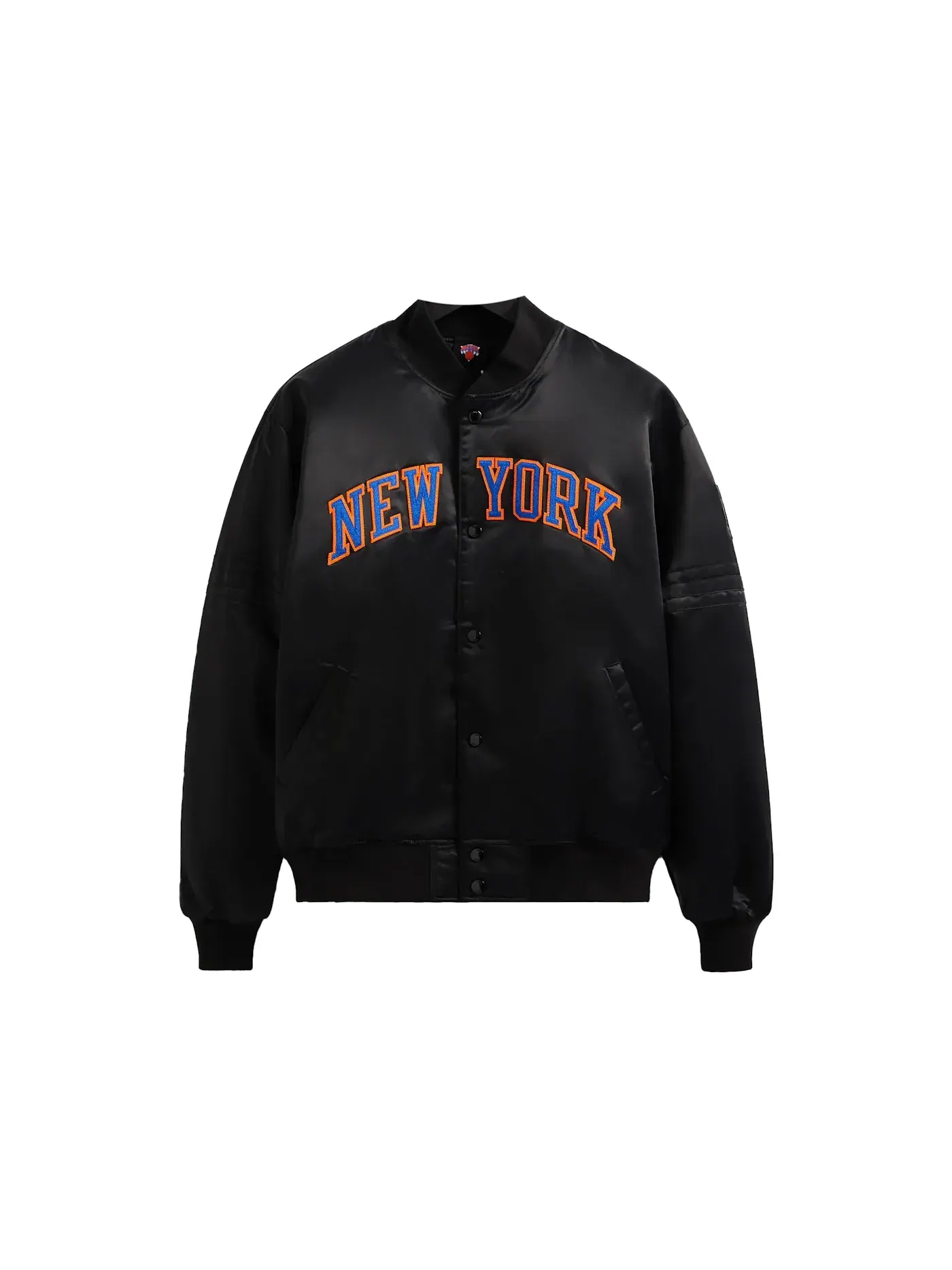 Мужская куртка-бомбер из атласа с принтом Kith New York Knicks Satin Bomber Jacket Kith — изображение 1 из 2, черный