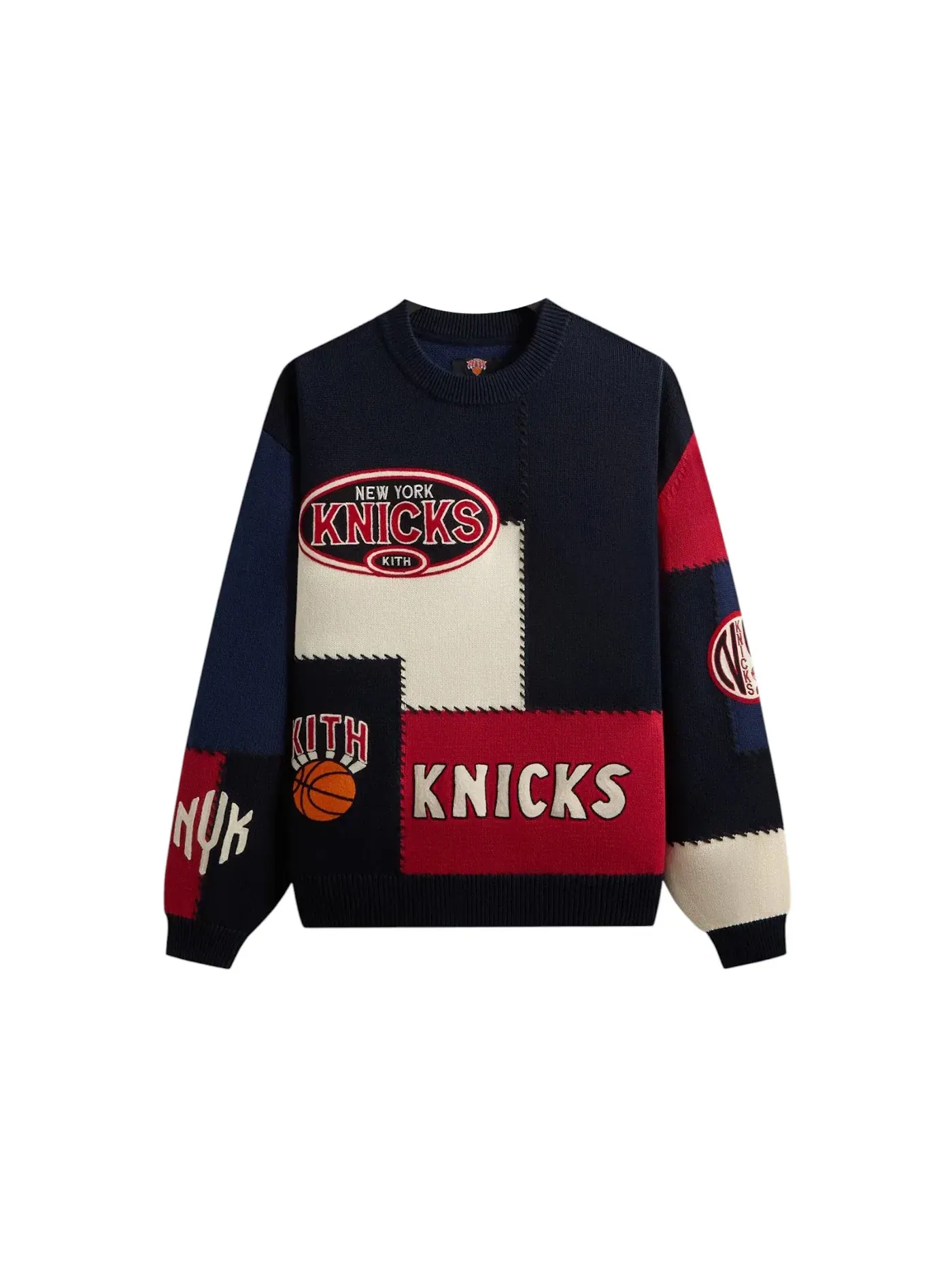 Мужской свитер с патчворк-дизайном Kith x New York Knicks Patchwork Crewneck Sweater — изображение 1 из 2, ночной