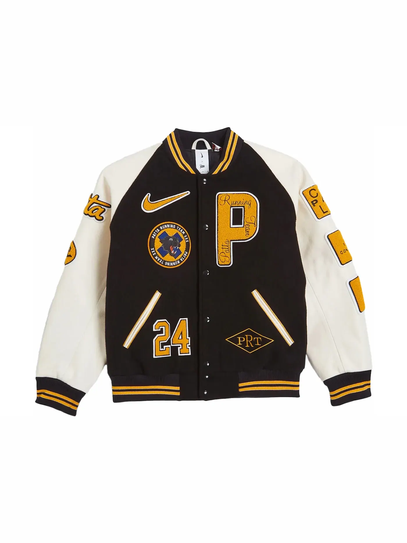 Мужская куртка-бомбер с принтом Nike x Patta Running Team Varsity Jacket — изображение 2 из 2, черный/желтый/белый