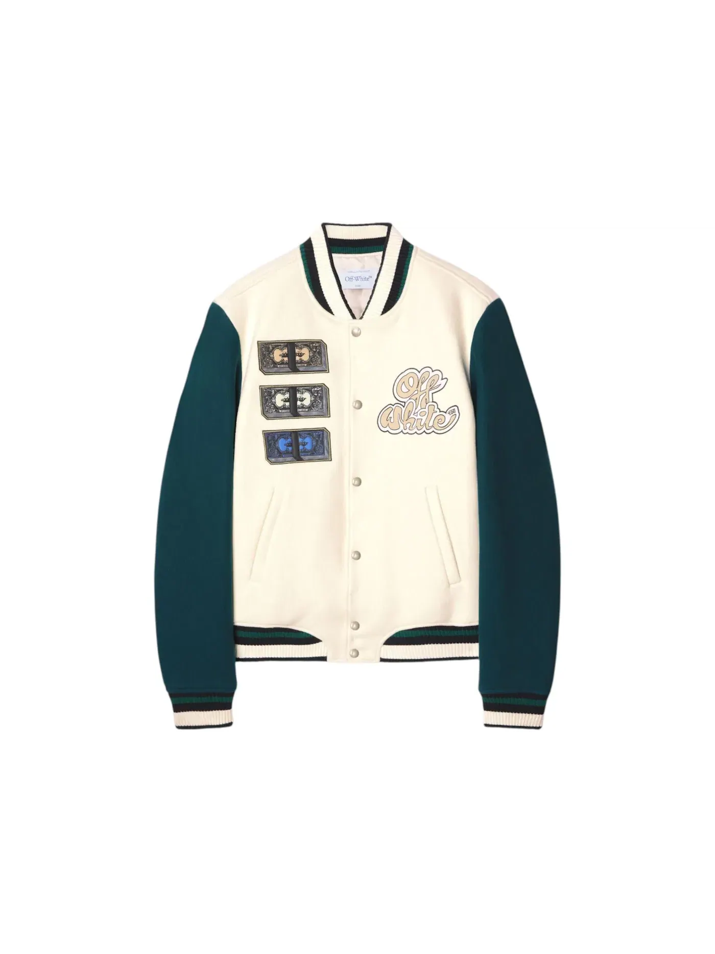 Мужская куртка-бомбер шерстяная OFF-WHITE Cash Wool Reg Varsity Jacket — изображение 1 из 1, белый