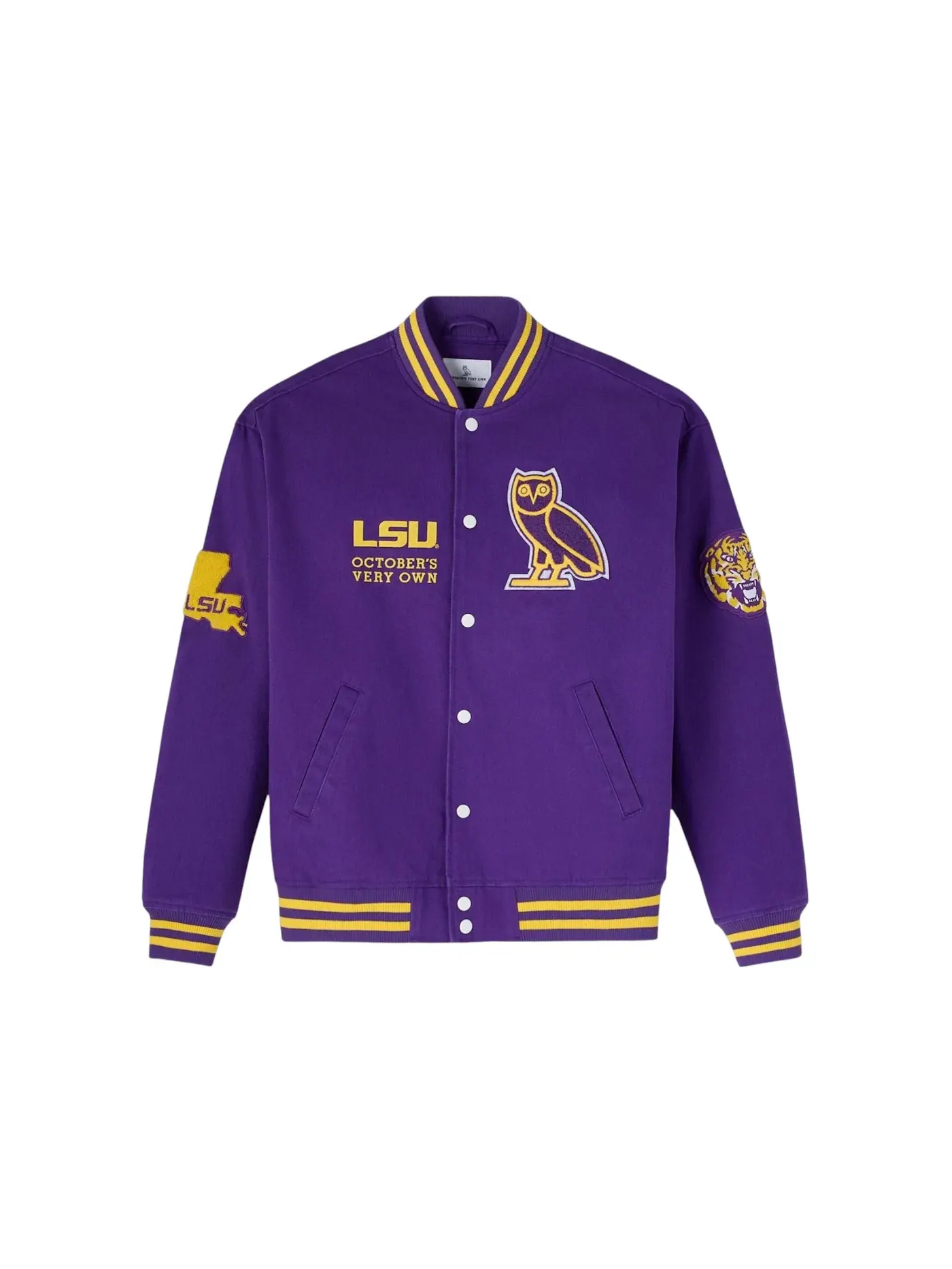 Мужская куртка-бомбер с принтом OVO NCAA LSU Tigers Varsity Jacket Purple Fog — изображение 1 из 2, фиолетовый