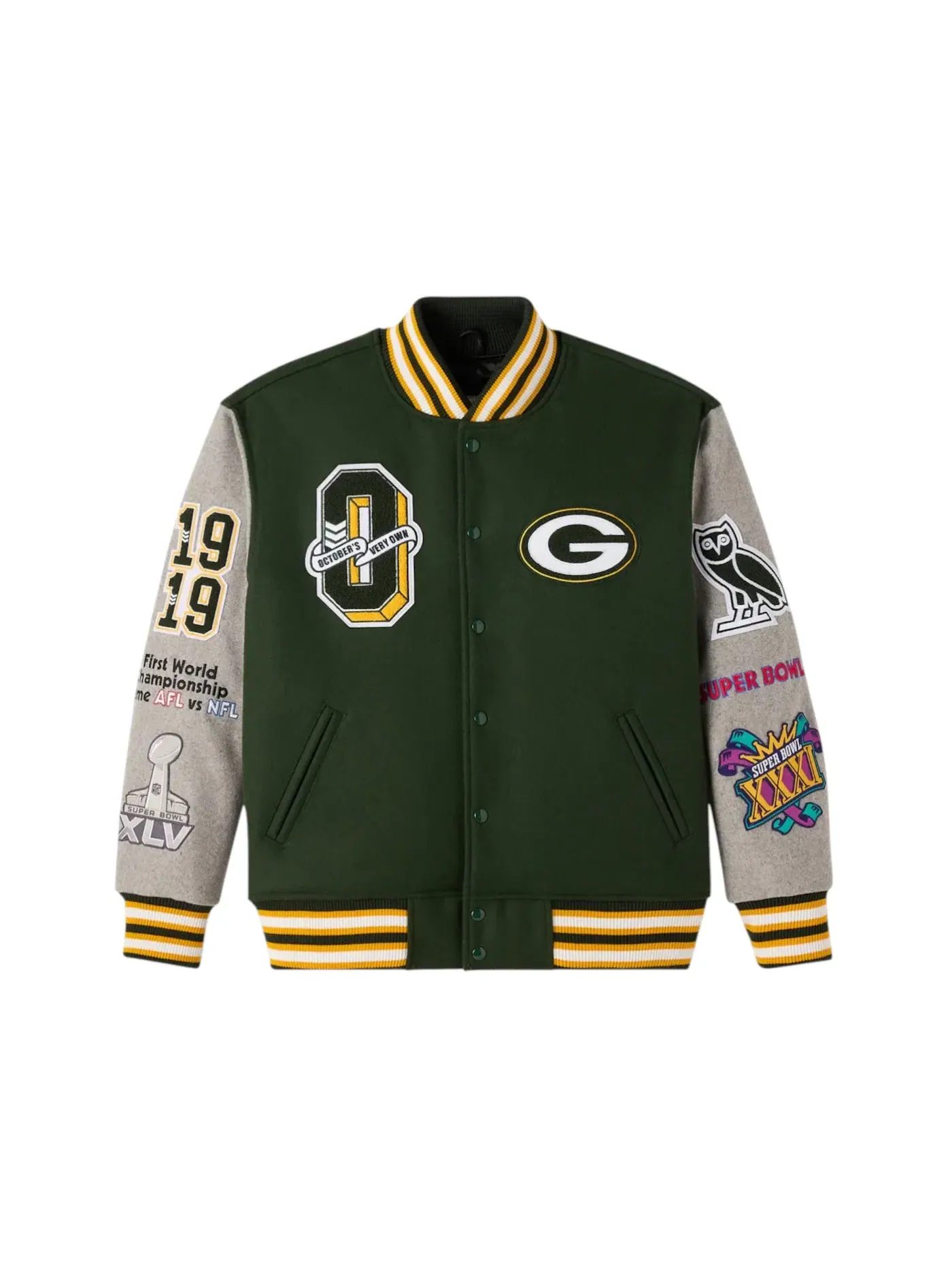 Мужская куртка-бомбер OVO NFL Green Bay Packers Varsity Jacket — изображение 1 из 2, зеленый